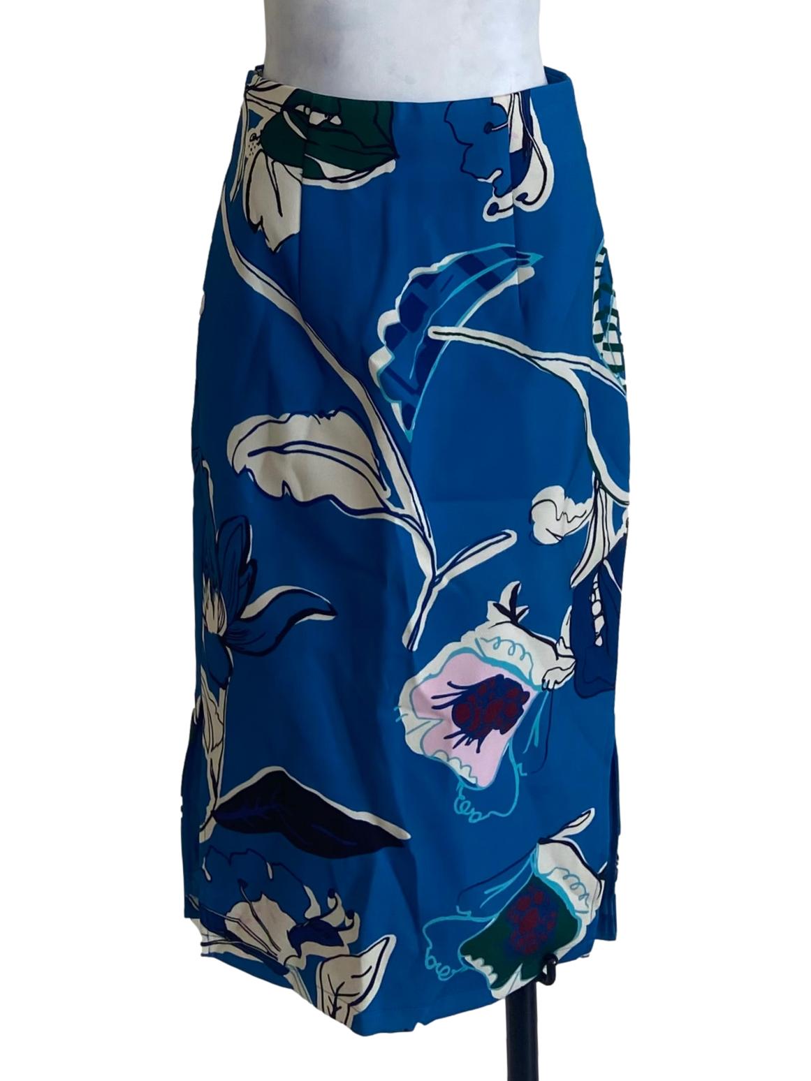 Lapis Blue Floral Draped Slit Skirt