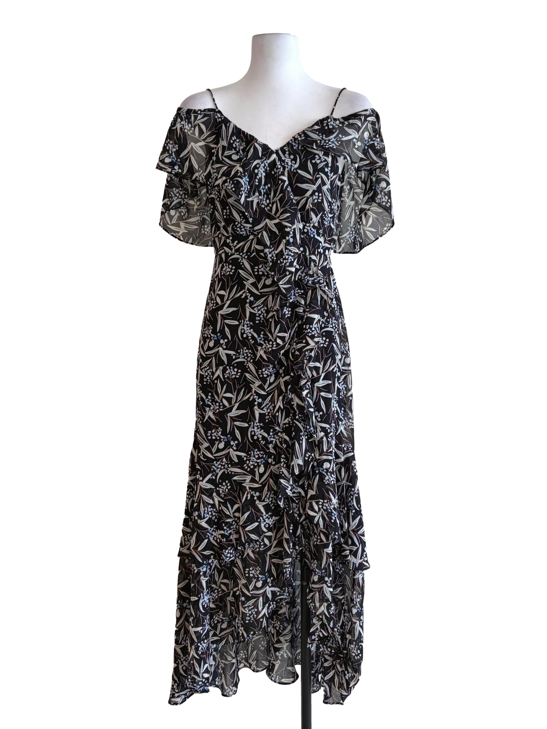 Midnight Black Floral Print Mesh Ruffled Dress TCL