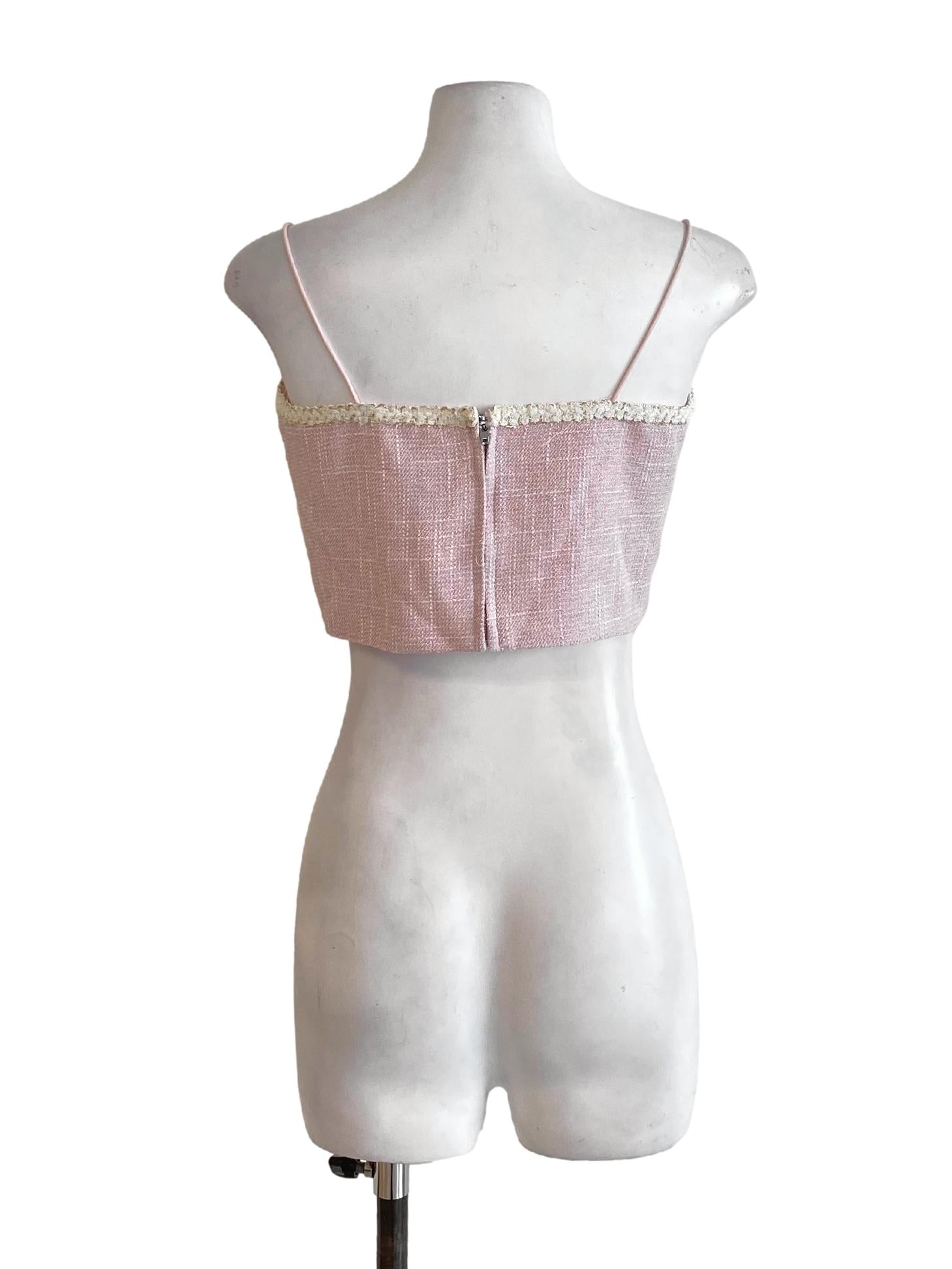 Crepe Pink Boucle Spaghetti Strap Cropped Top