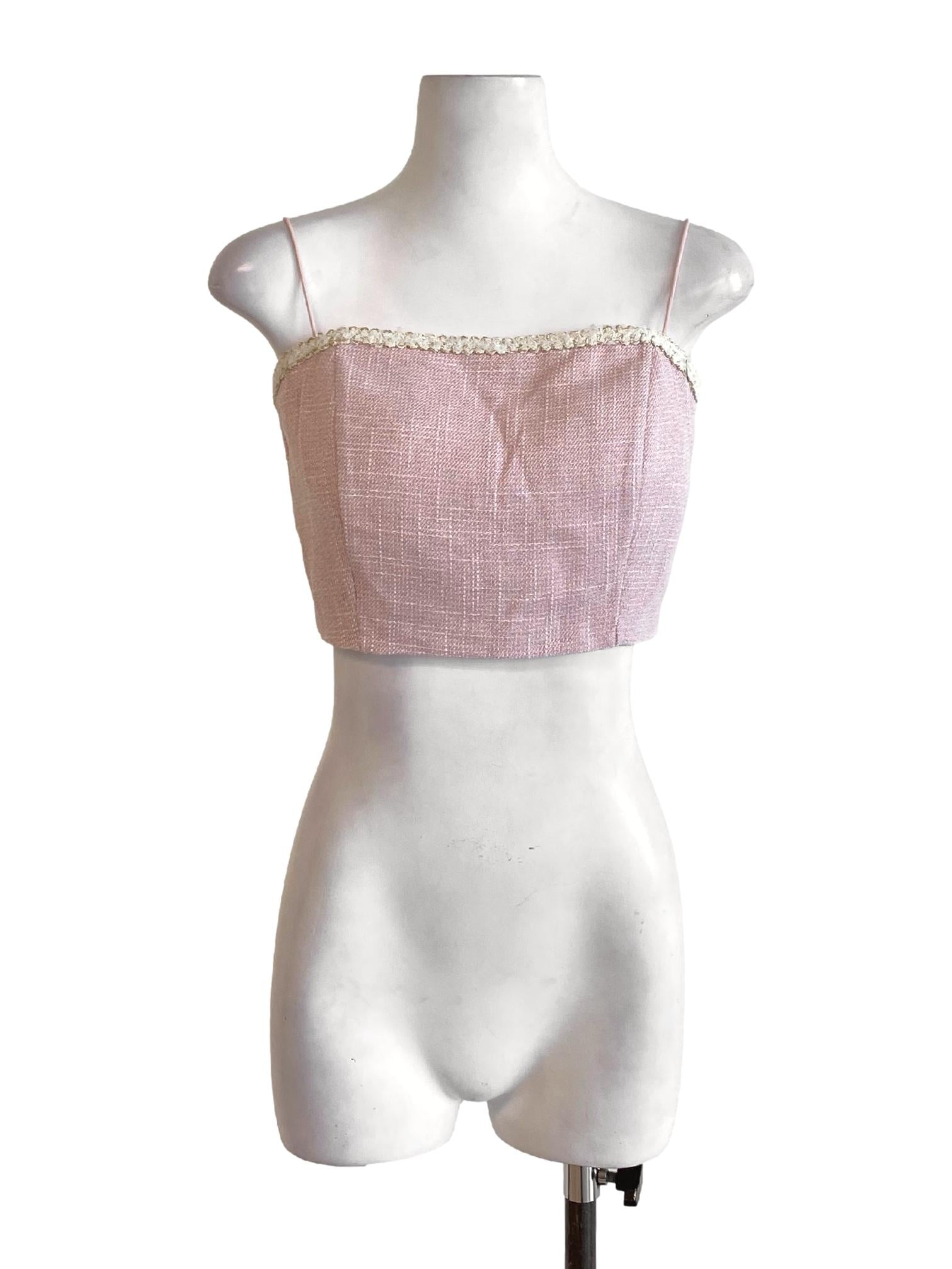 Crepe Pink Boucle Spaghetti Strap Cropped Top