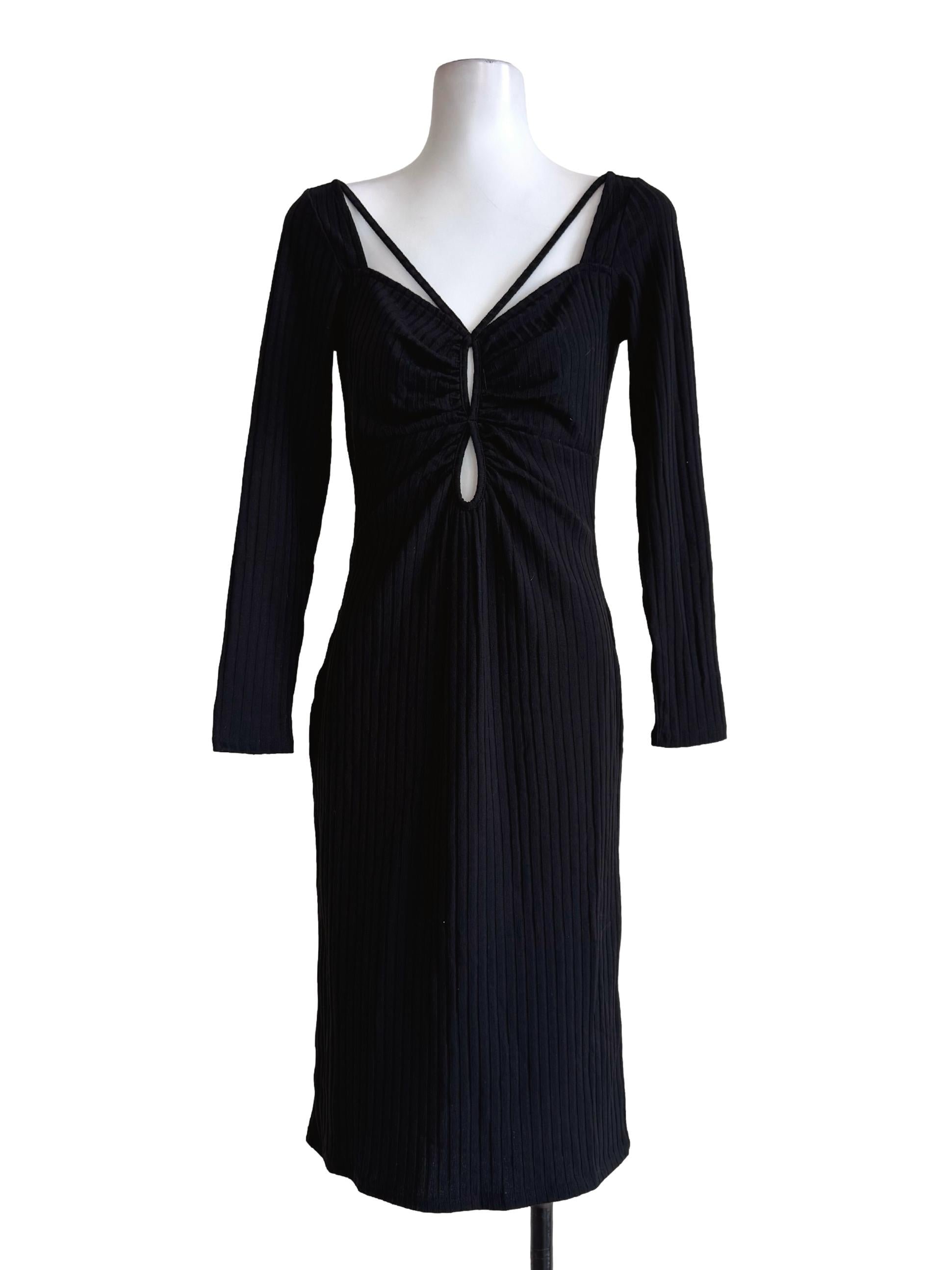 Textured Black Long Sleeve Bodycon Dress
