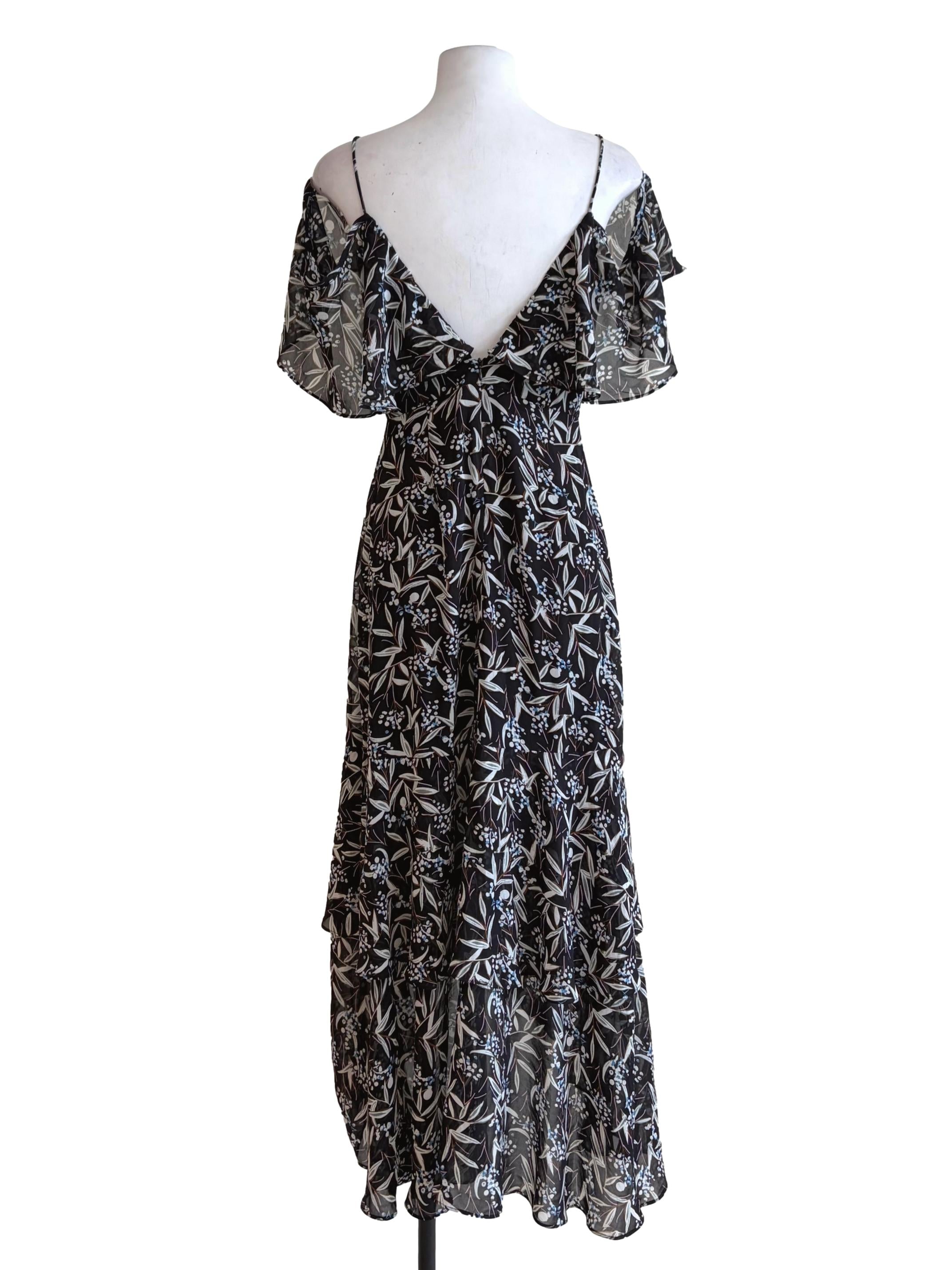 Midnight Black Floral Print Mesh Ruffled Dress TCL
