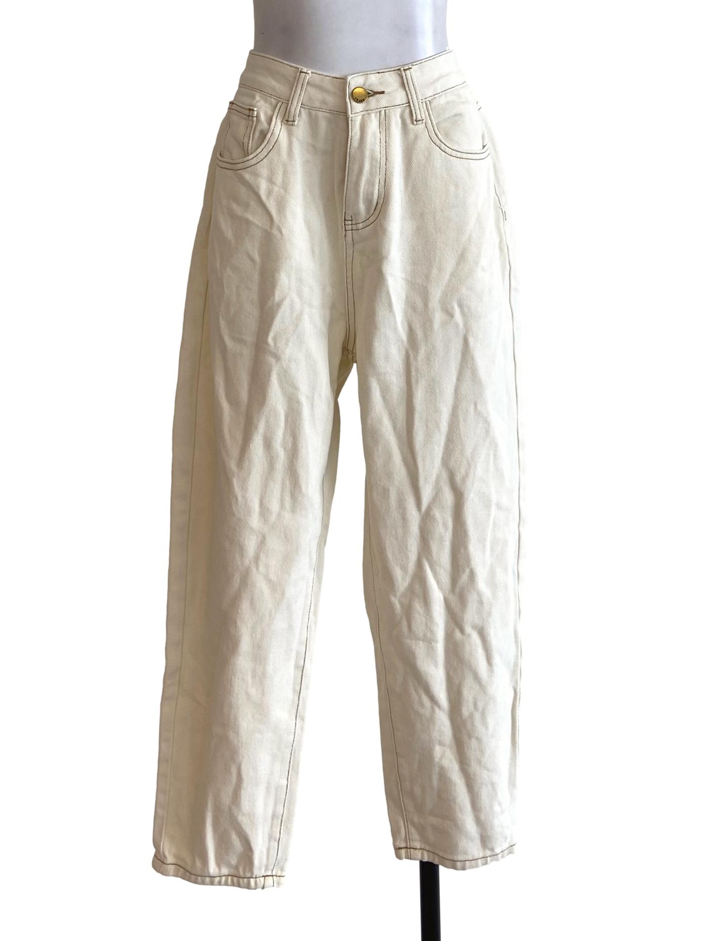 Cream Herringbone Straight Jeans