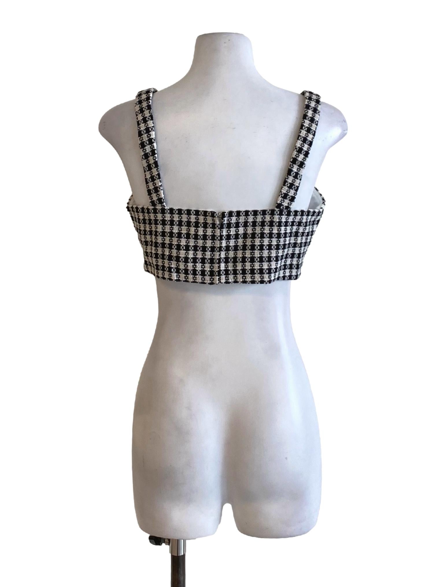 Shadow Black Check Square Neck Tweed Cropped Top
