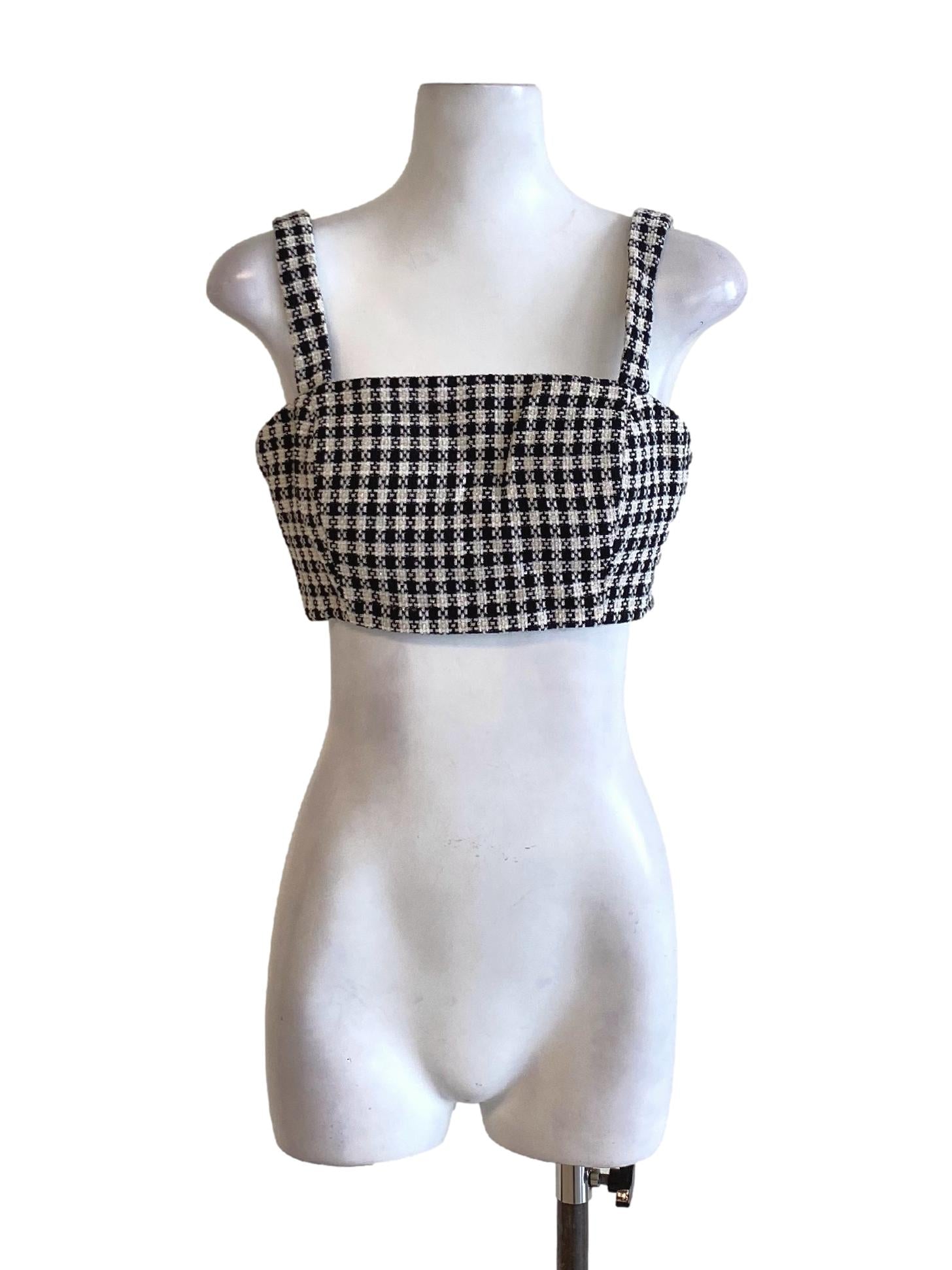 Shadow Black Check Square Neck Tweed Cropped Top
