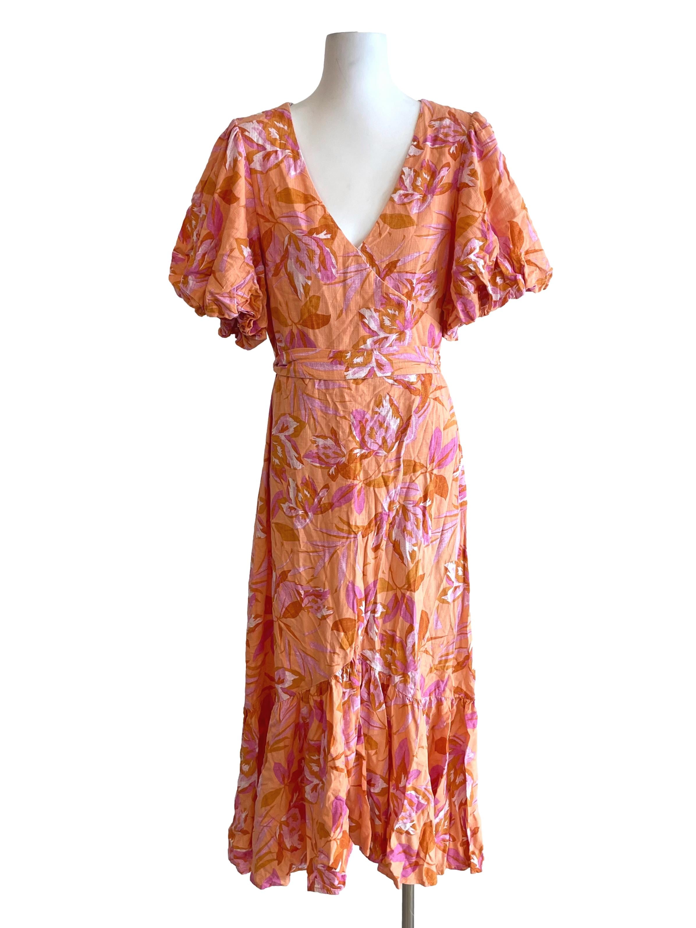 Apricot Floral Puff Sleeves Dress