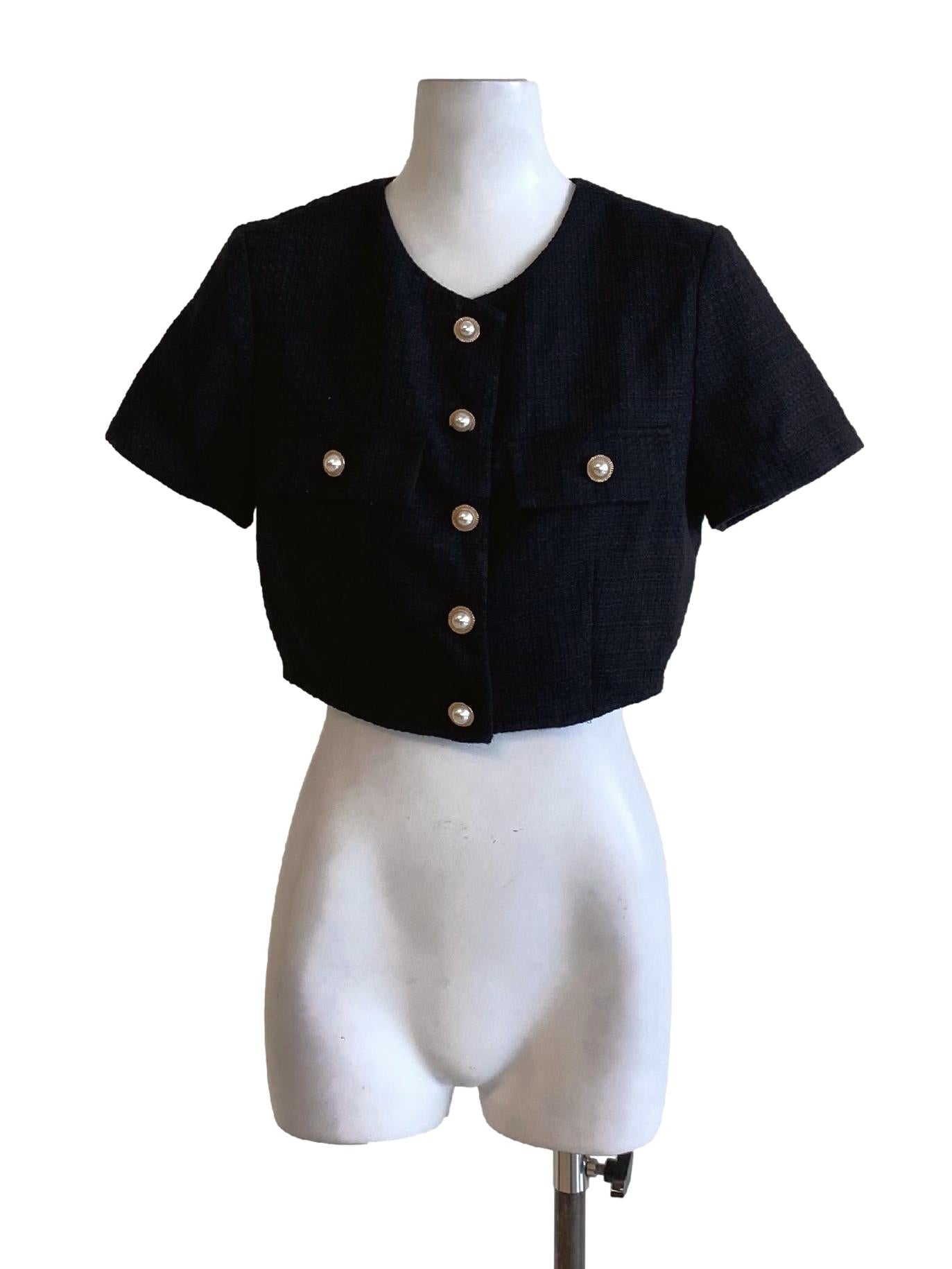 True Black Round Neck Buttoned Down Cropped Tweed Jacket