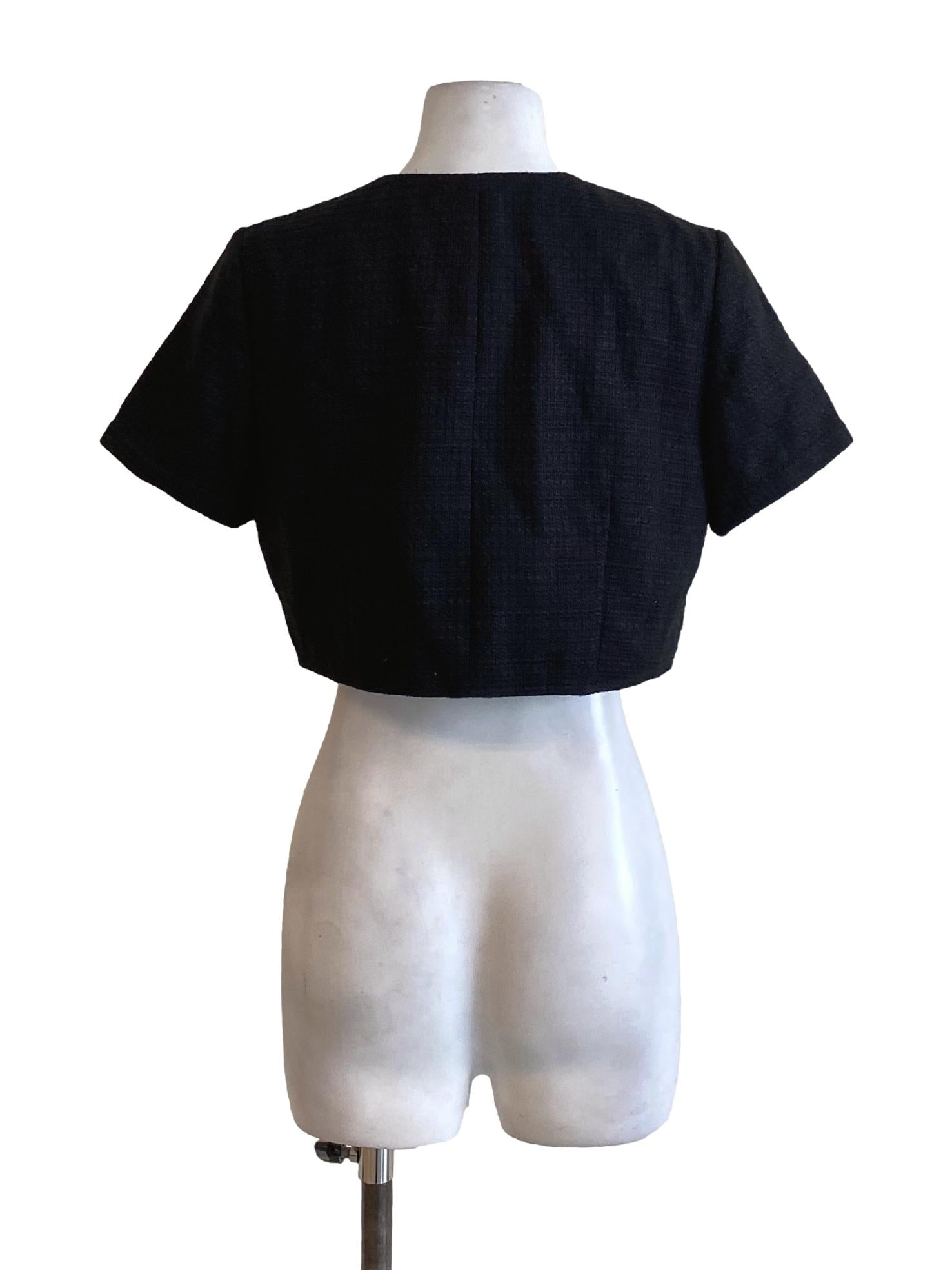 True Black Round Neck Buttoned Down Cropped Tweed Jacket