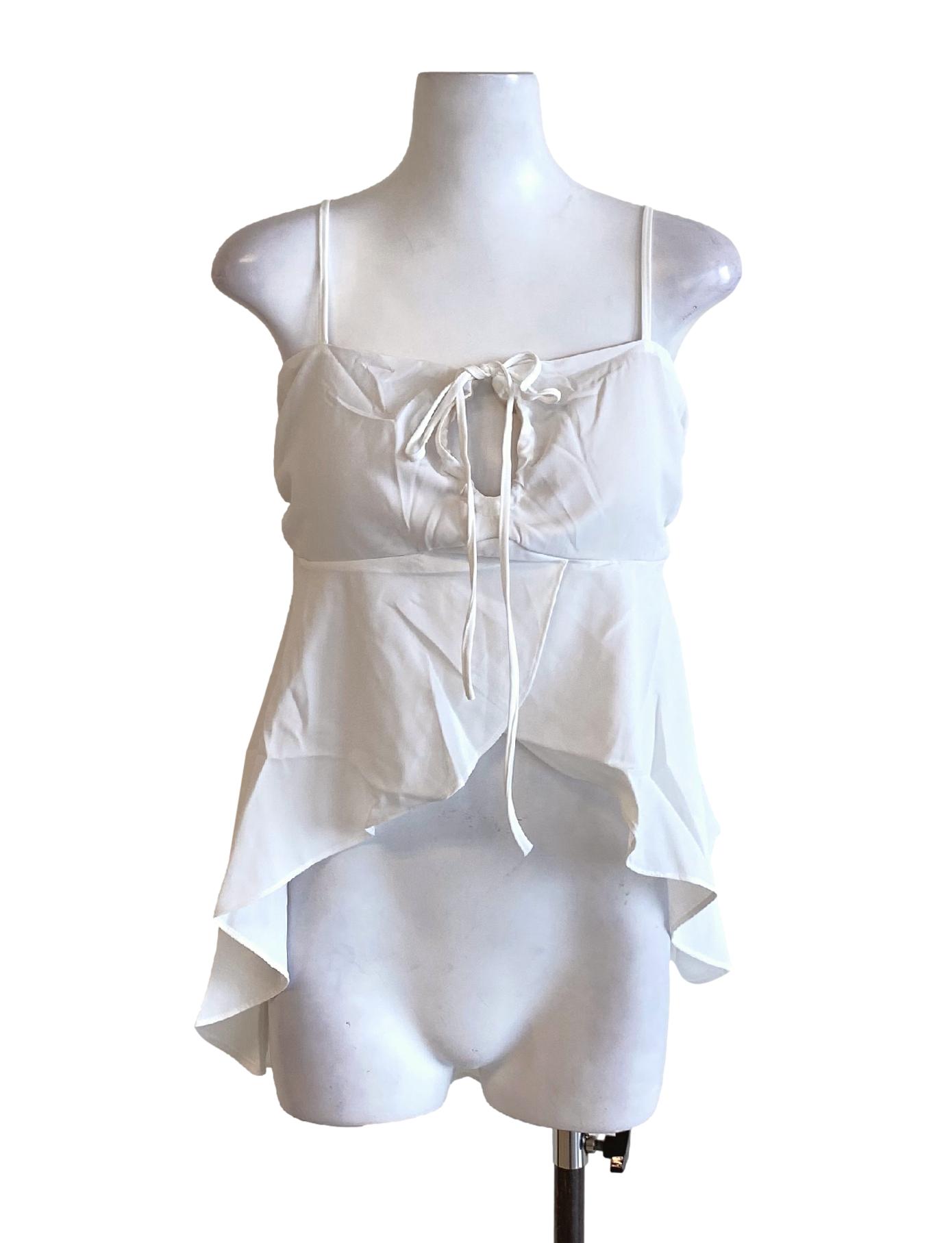 Soft White Spaghetti Strap Tie Front Ruffle Hem Loose Top