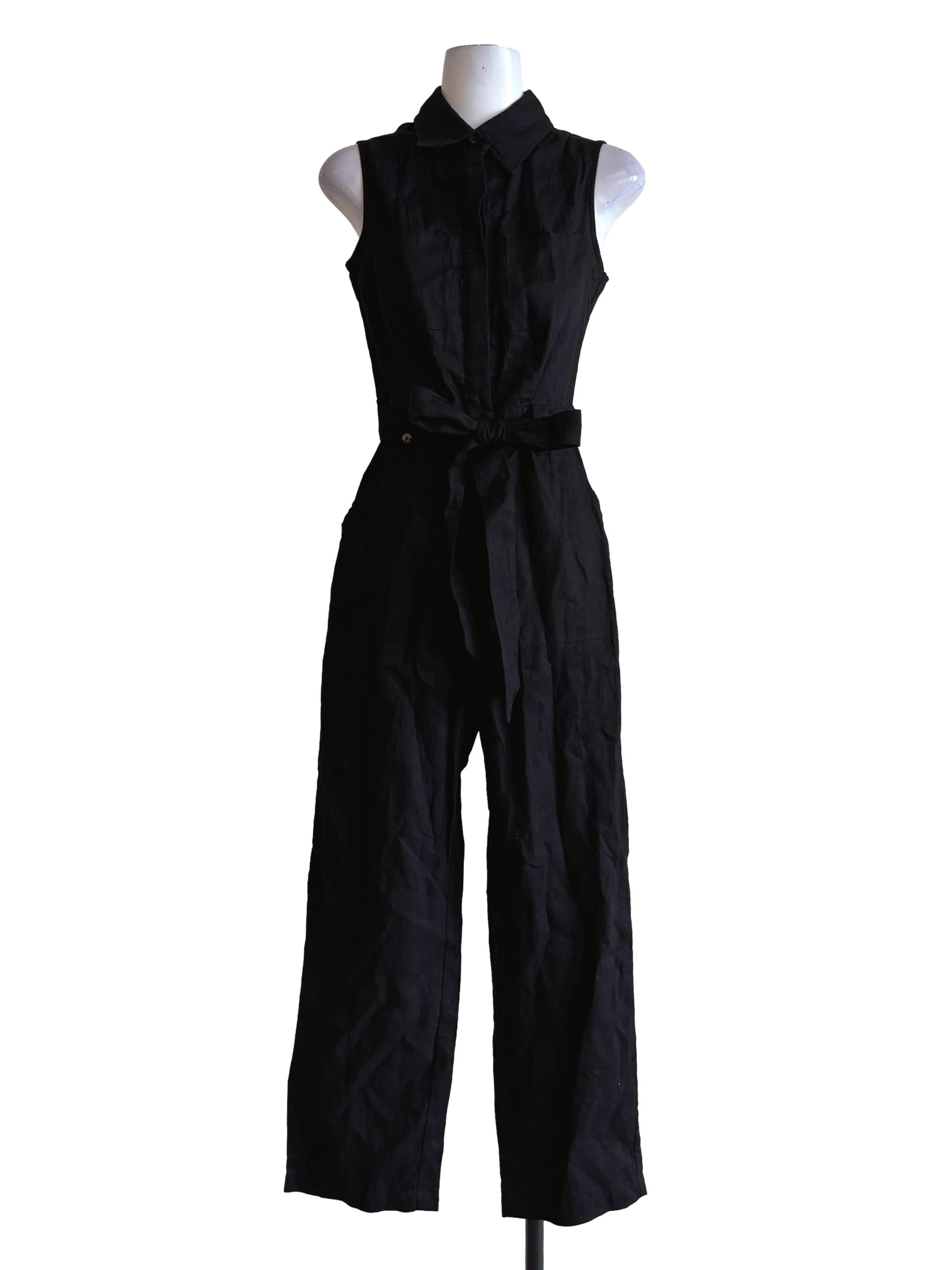 Jet Black Sleeveless Linen Utility Jumpsuit