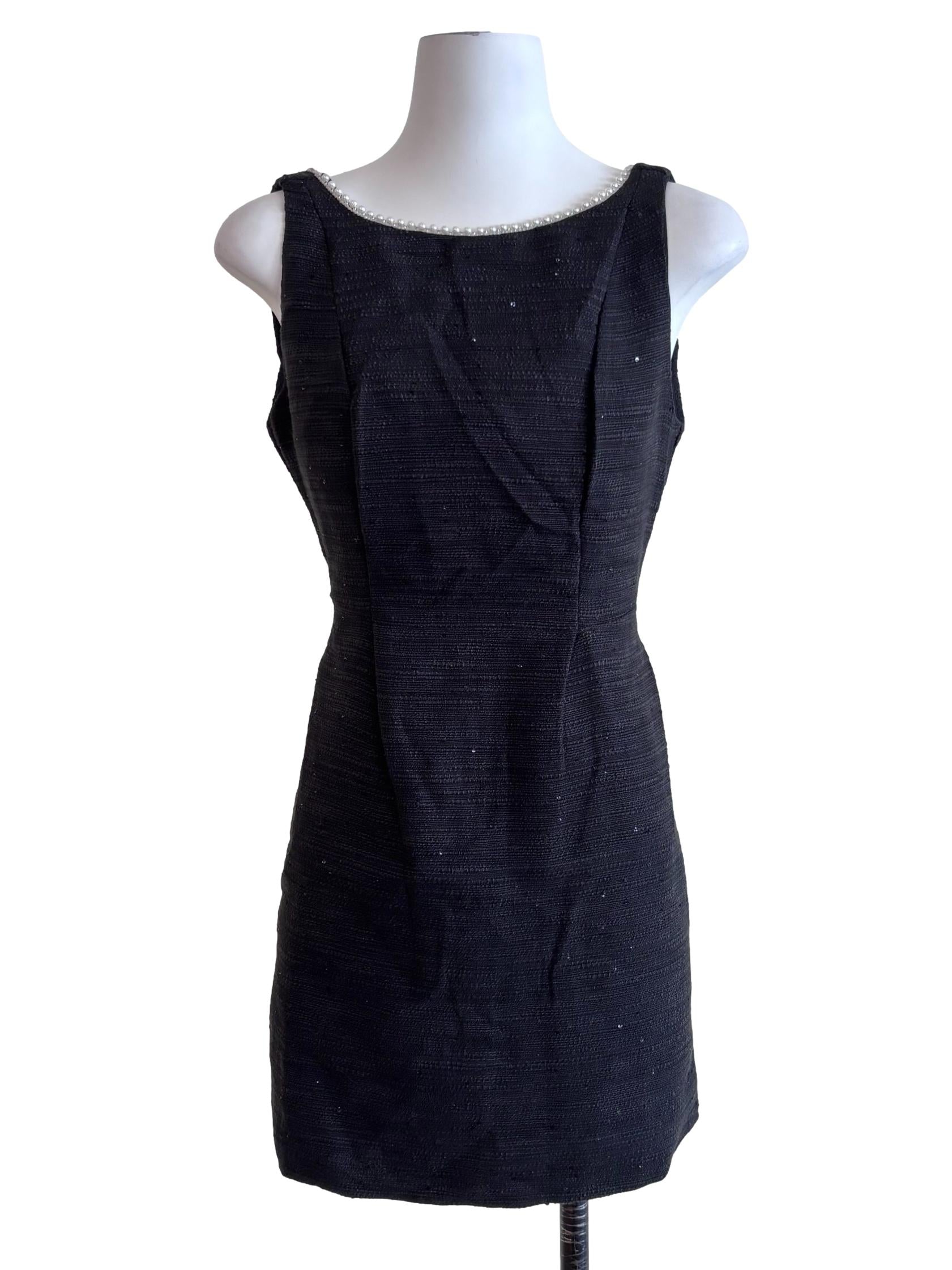 Black Tweed Pearl Detail Mini Dress
