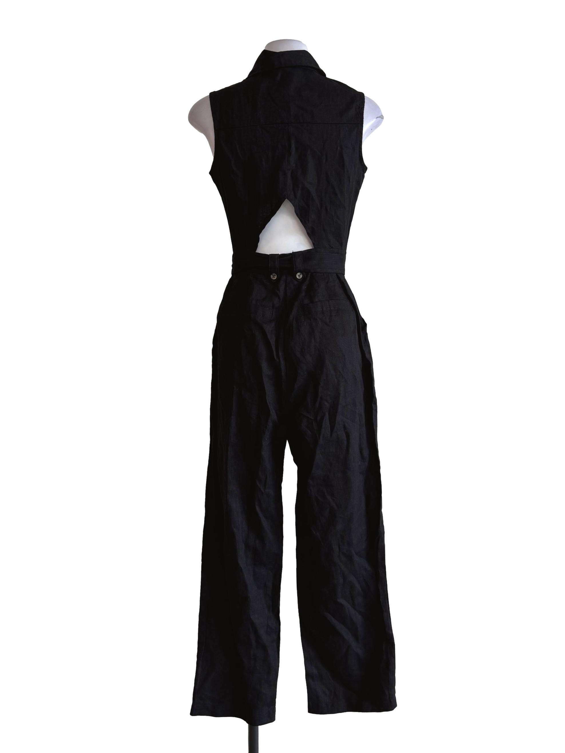 Jet Black Sleeveless Linen Utility Jumpsuit