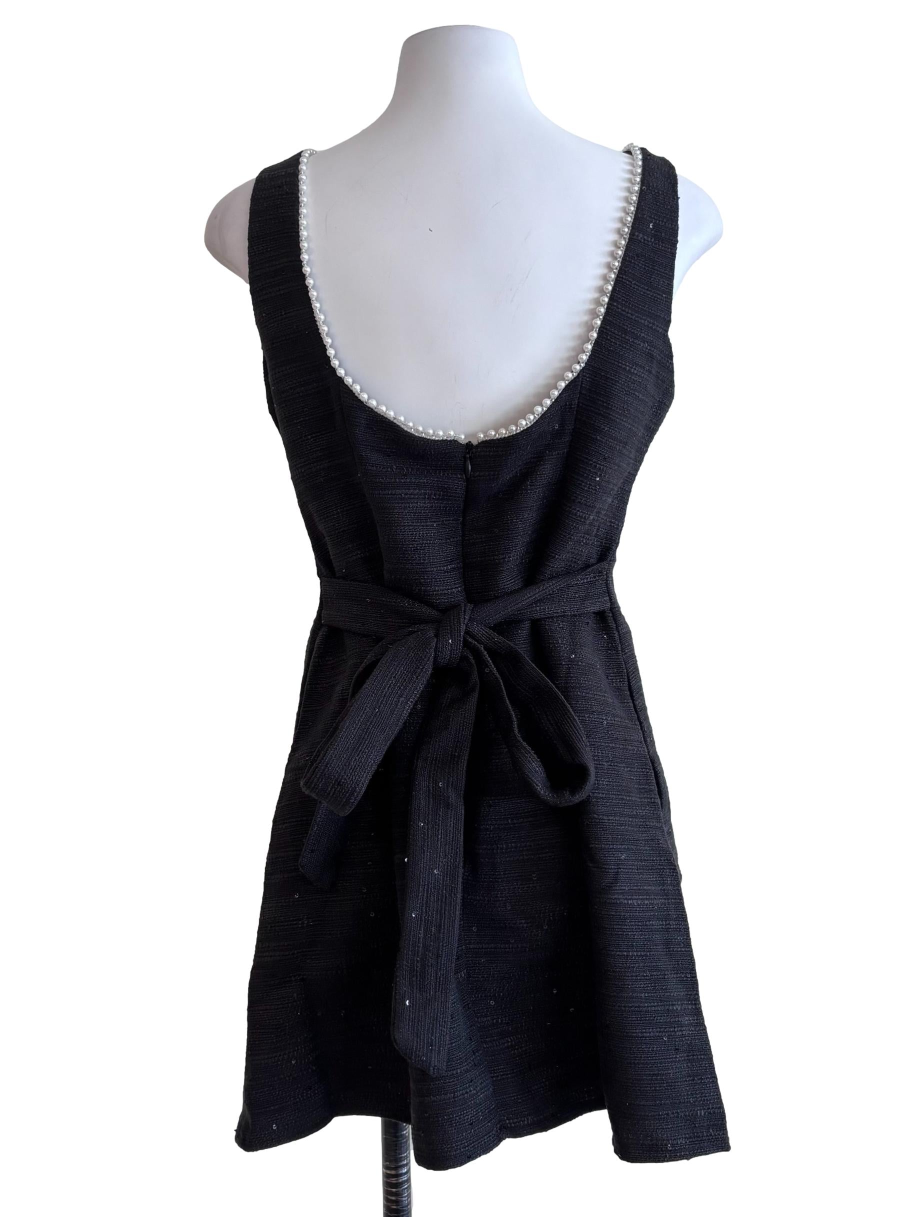 Black Tweed Pearl Detail Mini Dress