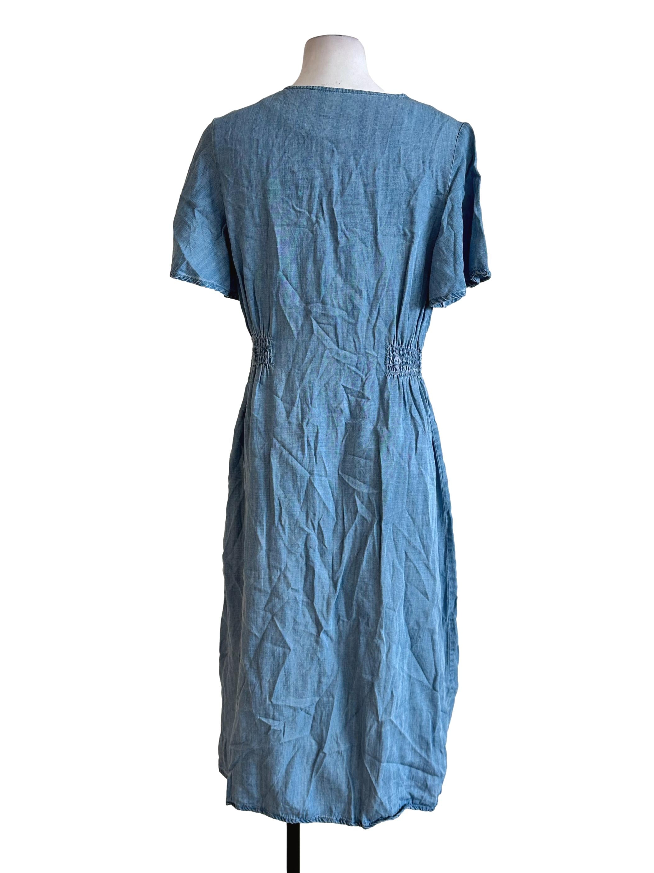 Blue Denim V Neckline Button Dress