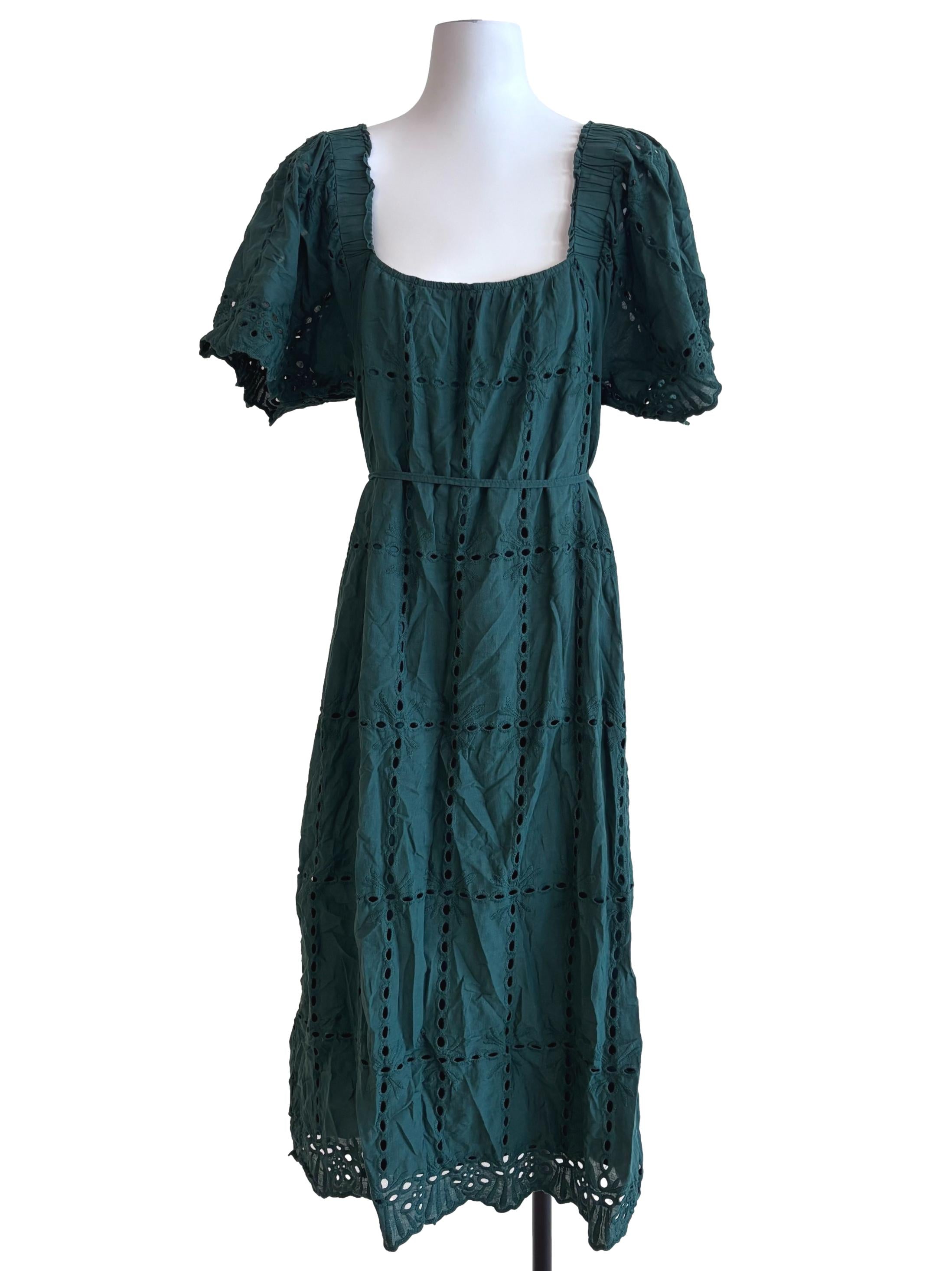 Pine Green Eyelet Square Neck Dress