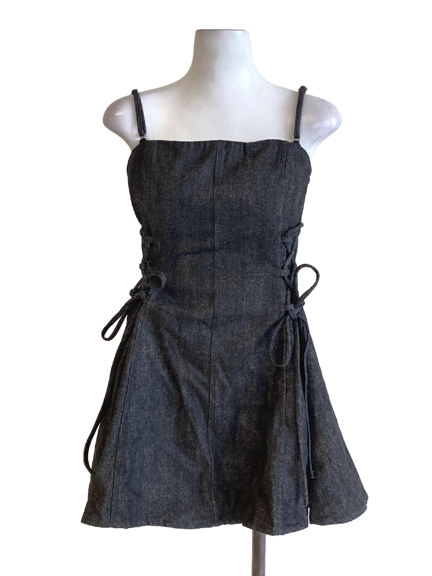 Washed Deep Black Tie Sides Flared A-Line Dress