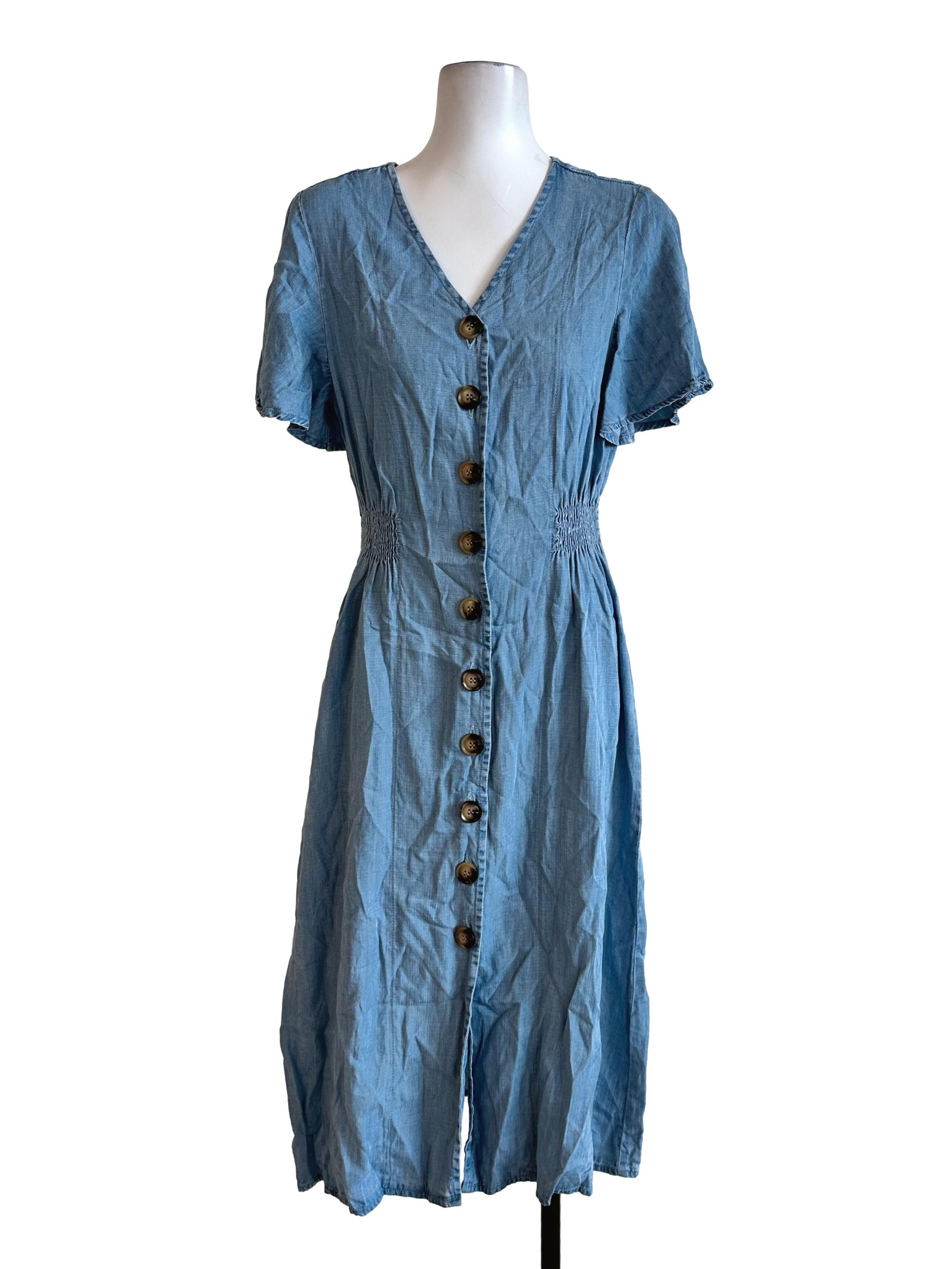 Blue Denim V Neckline Button Dress