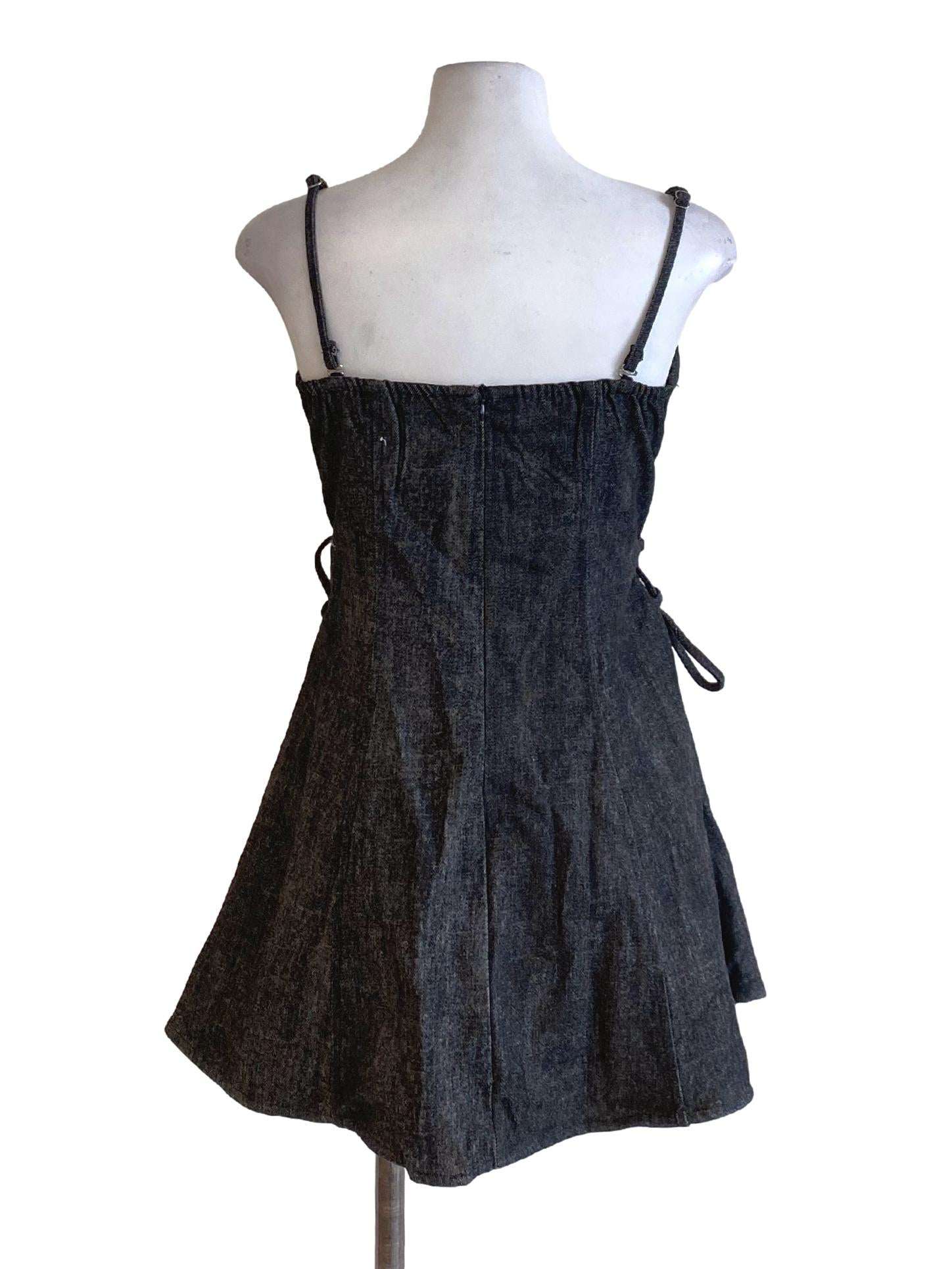 Washed Deep Black Tie Sides Flared A-Line Dress