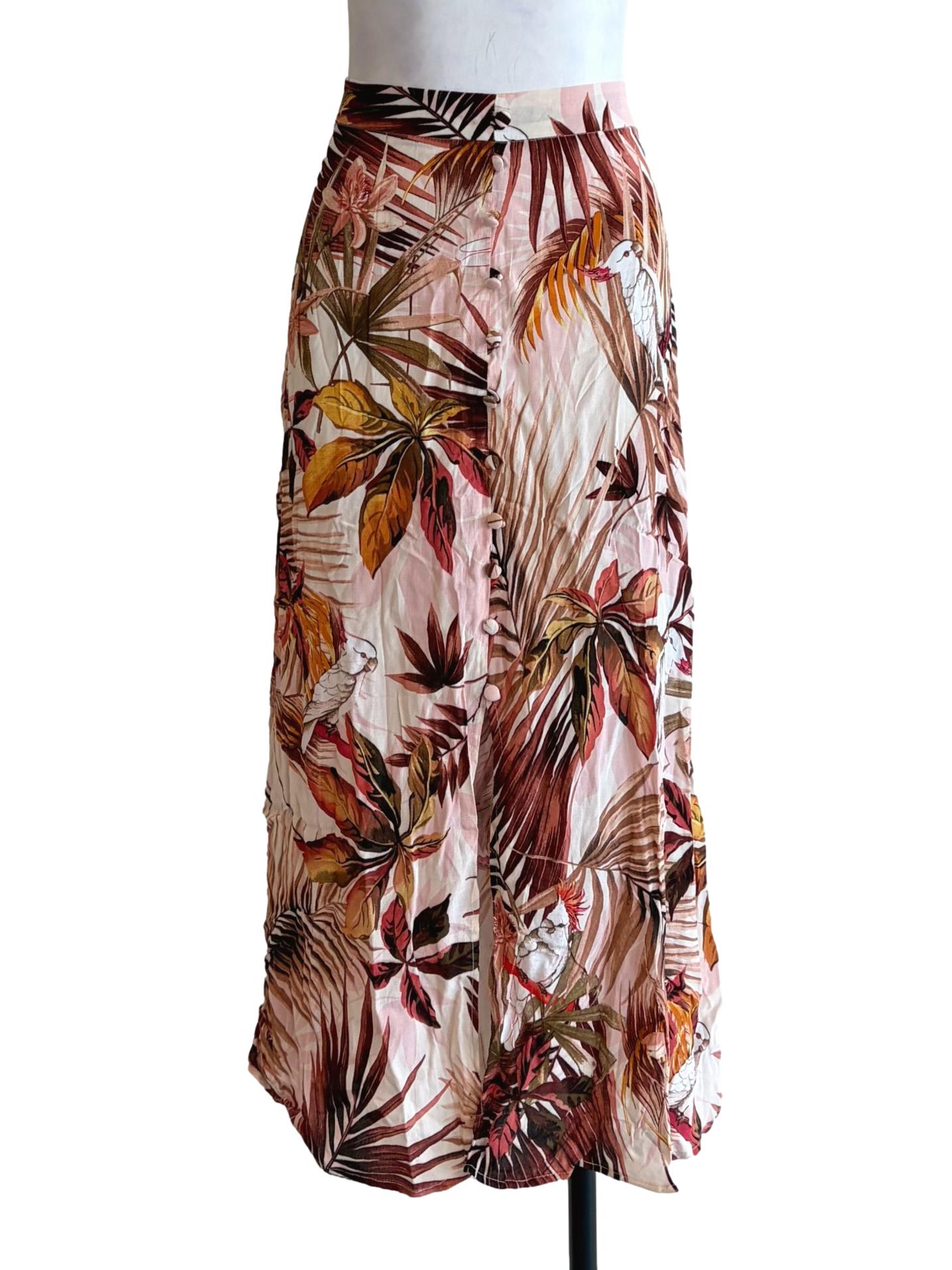 Flamingo Pink Floral Nature Motive Print Flare Skirt