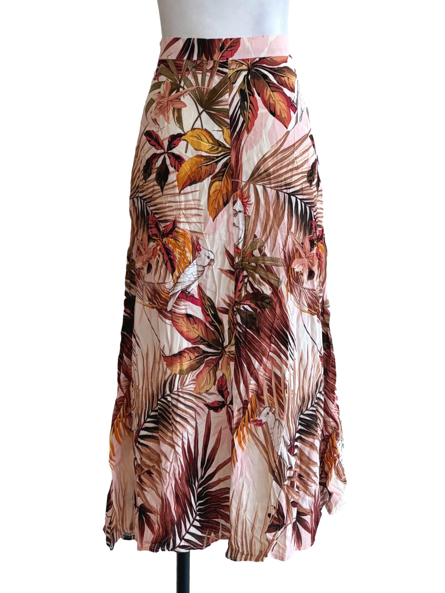 Flamingo Pink Floral Nature Motive Print Flare Skirt