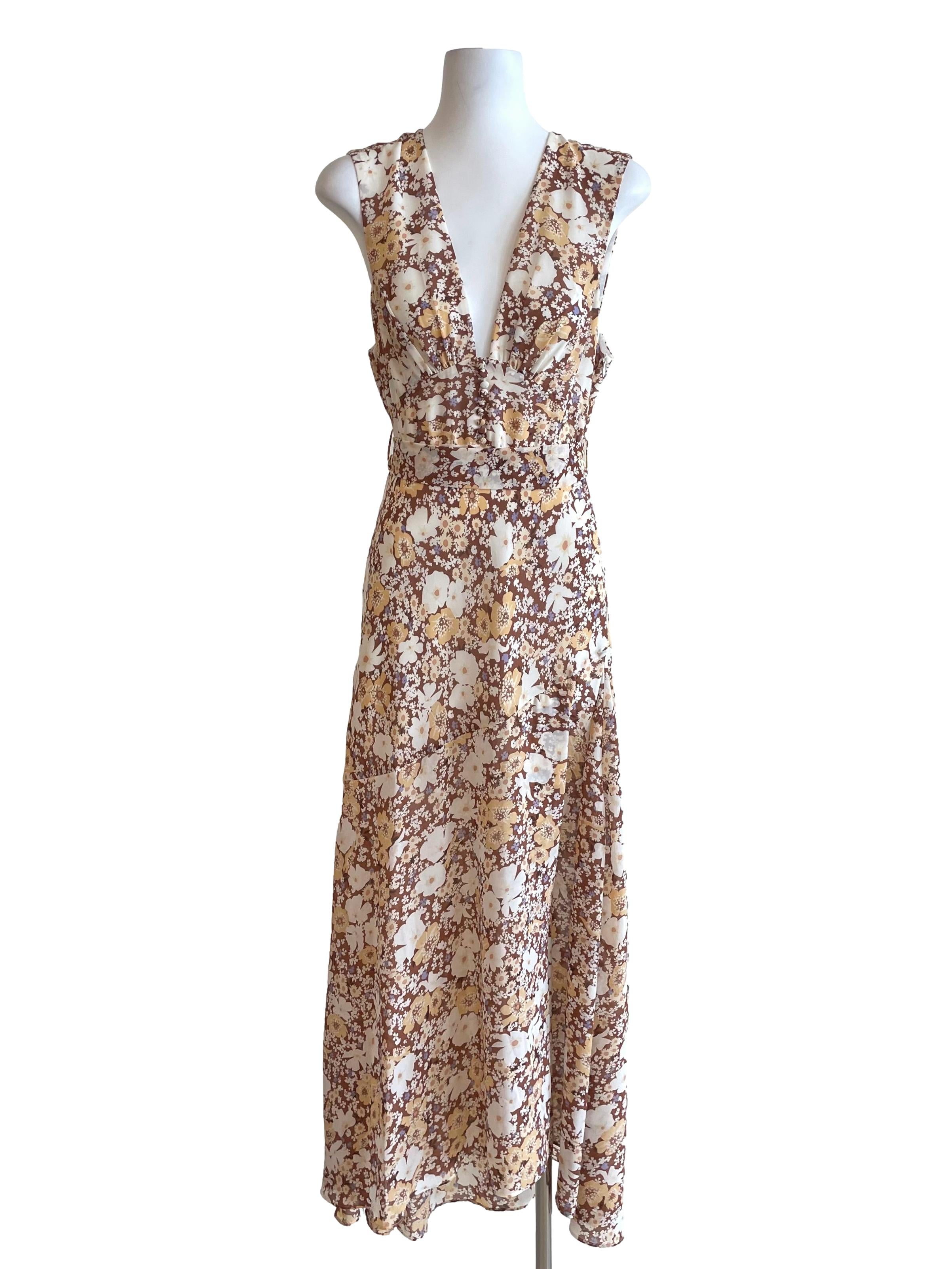 Caramel Floral V Neck Dress