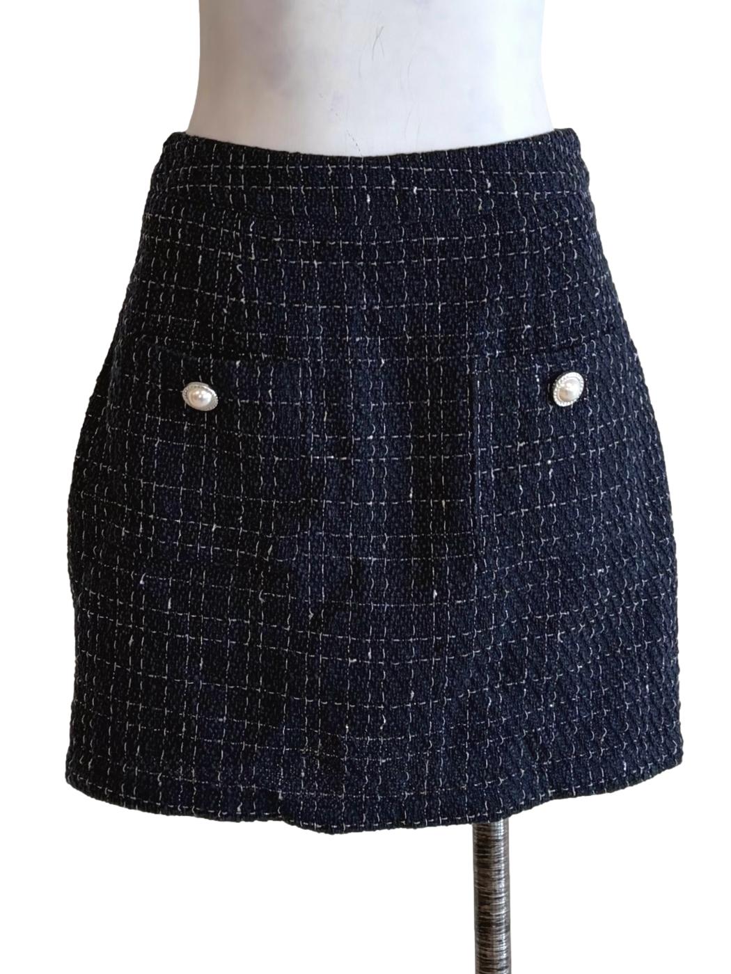 Navy Blue Tweed Buttoned Skirt