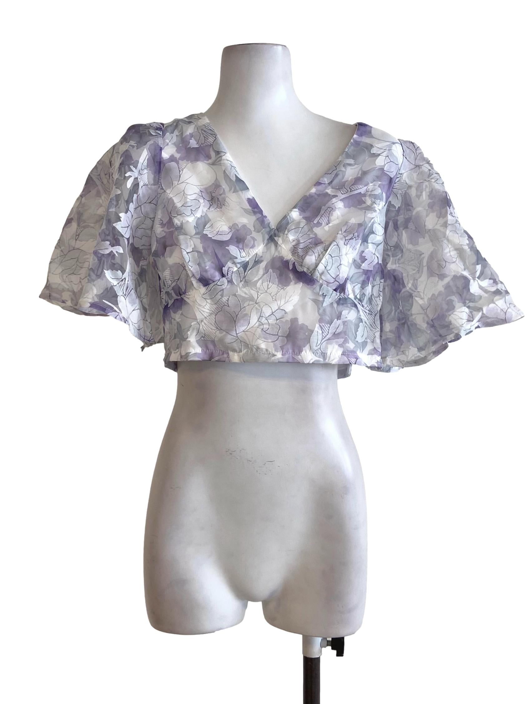 Iris Purple  & White Floral Circular-Cap Sleeve Crop Top