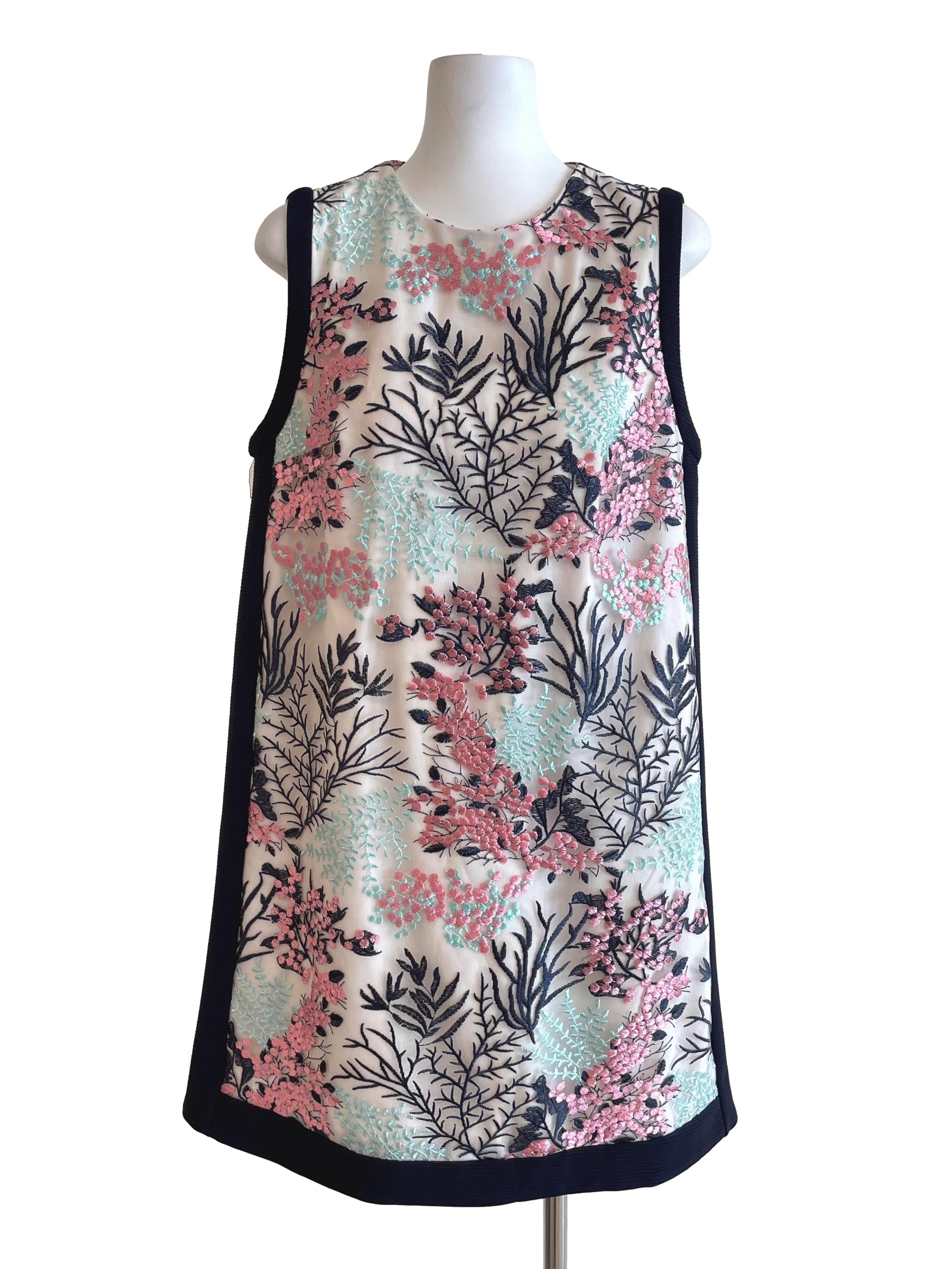 White & Navy Embroidery A-Line Dress