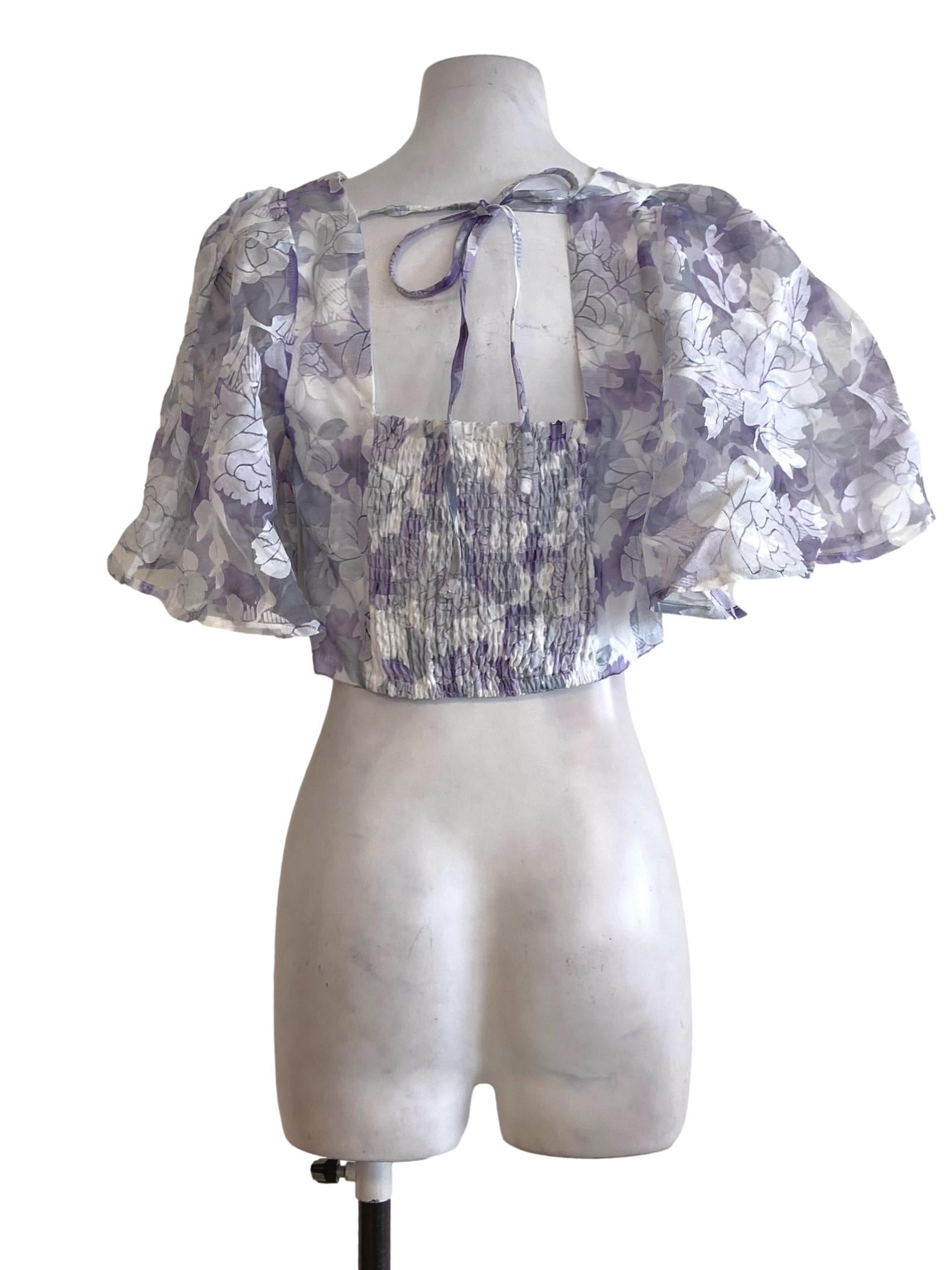 Iris Purple  & White Floral Circular-Cap Sleeve Crop Top