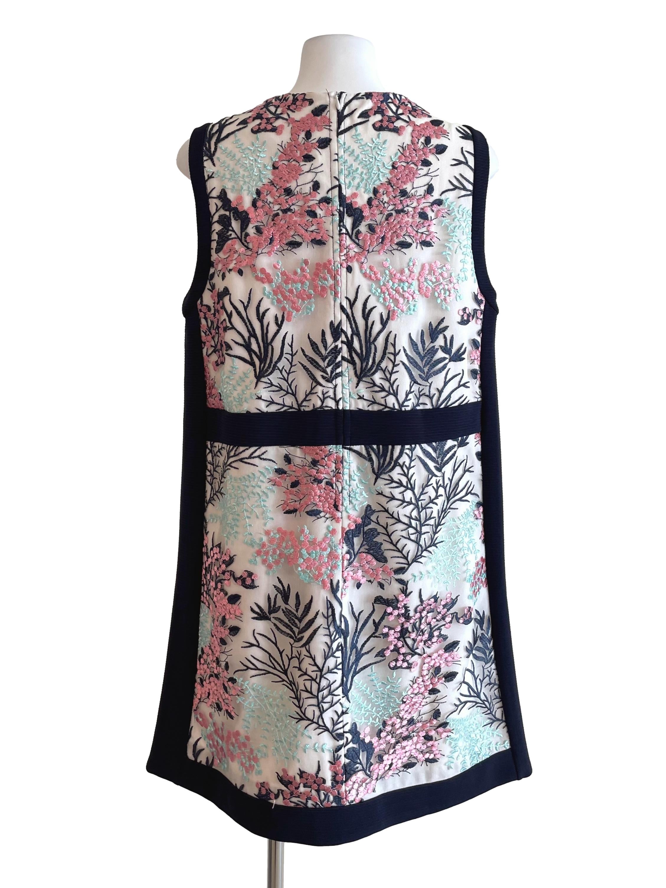 White & Navy Embroidery A-Line Dress