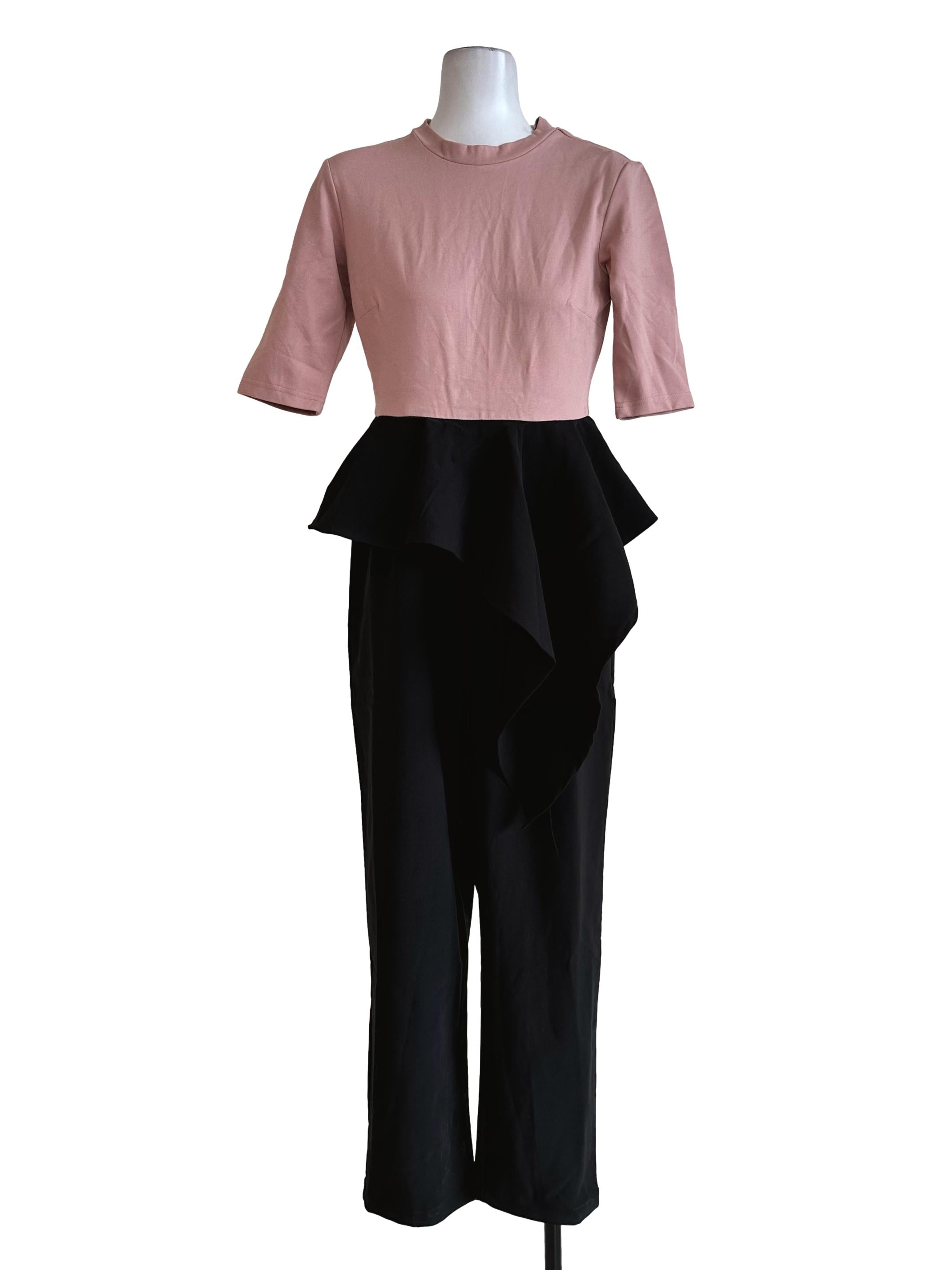 Blush Pink And Black Peplum Jumpsuit