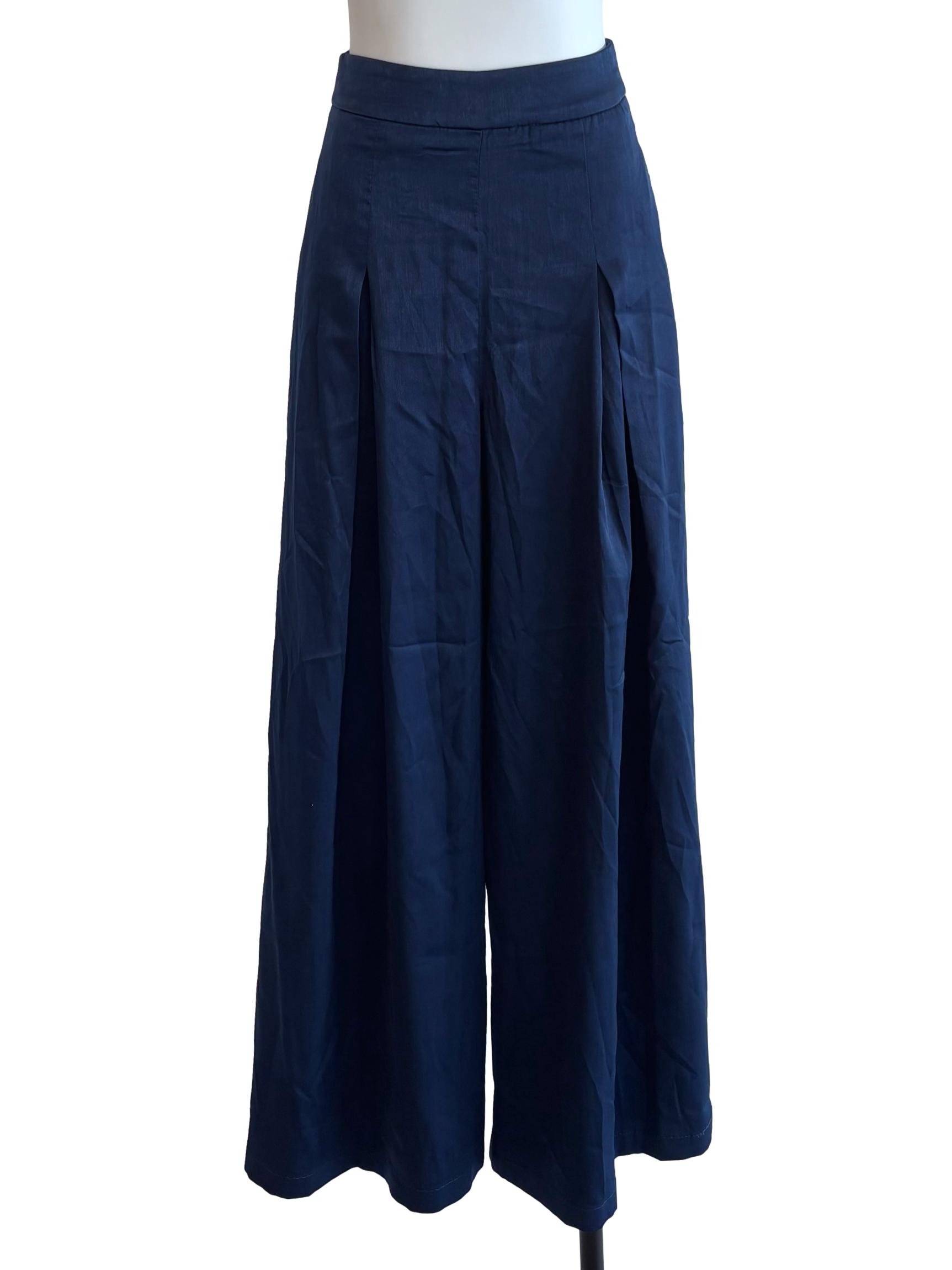 Navy Blue Satin High Waist Wide Pants