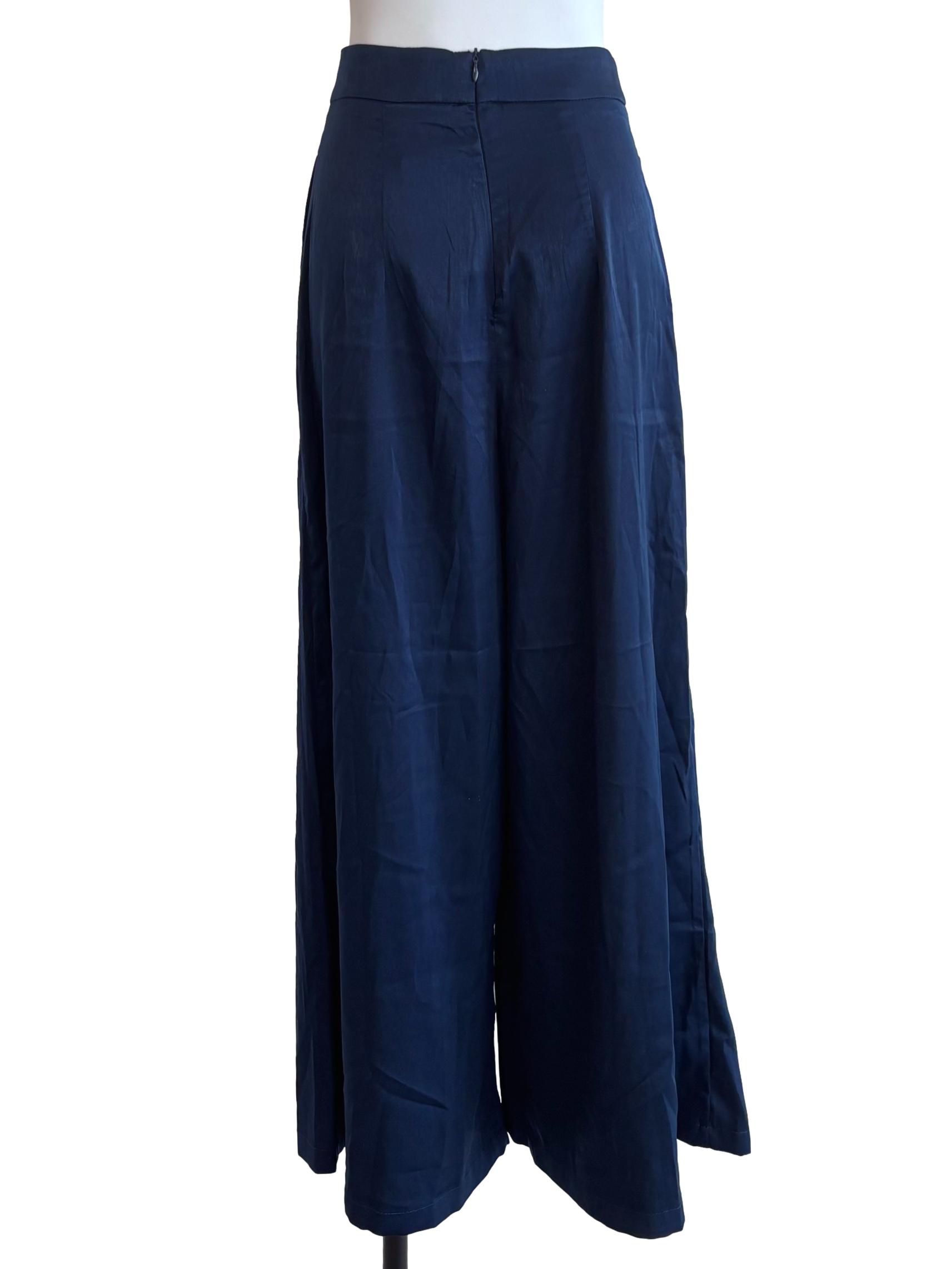 Navy Blue Satin High Waist Wide Pants