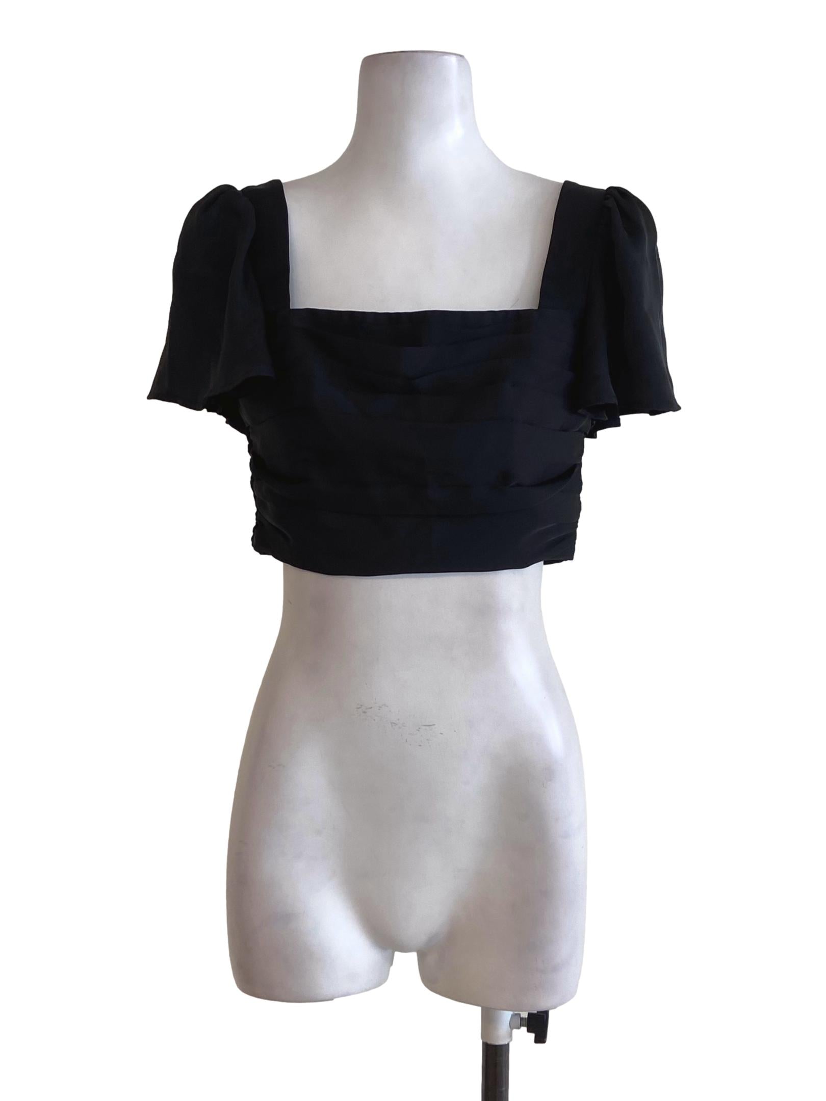 Black Silk Square Neck Puffed Sleeve Crop Top