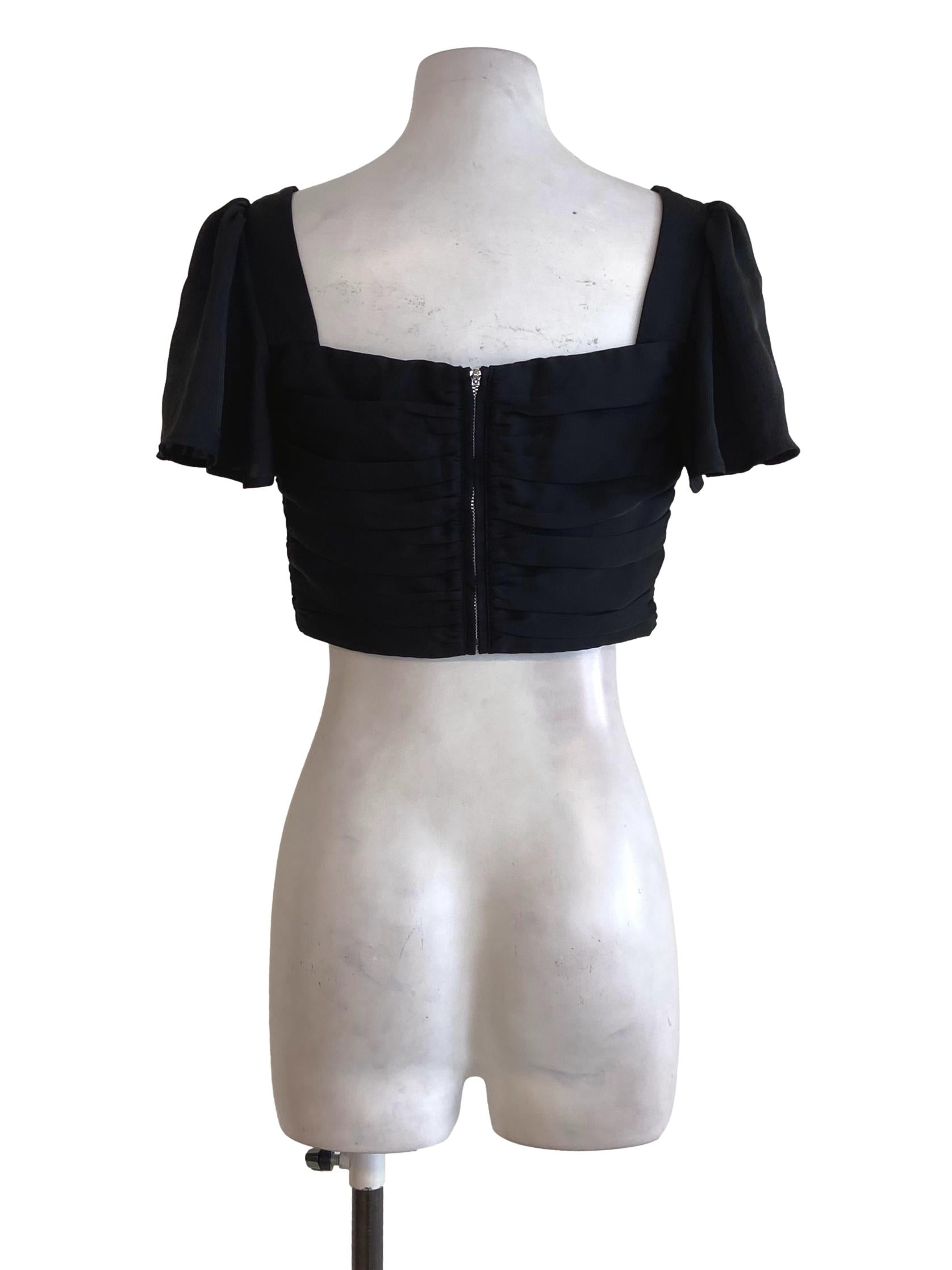 Black Silk Square Neck Puffed Sleeve Crop Top
