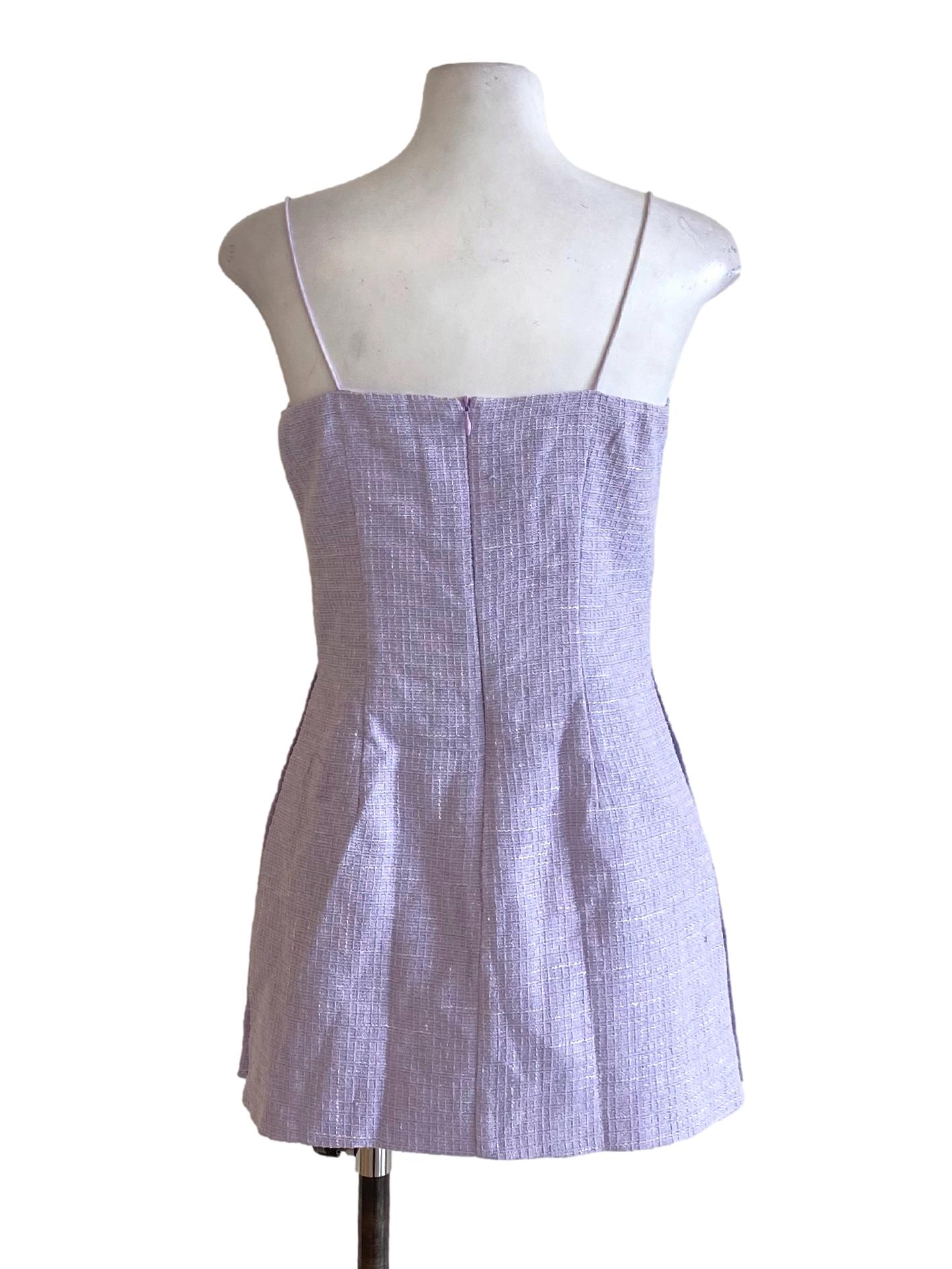 Pastel Purple Spaghetti Strap Tweed Slit A-Line Dress
