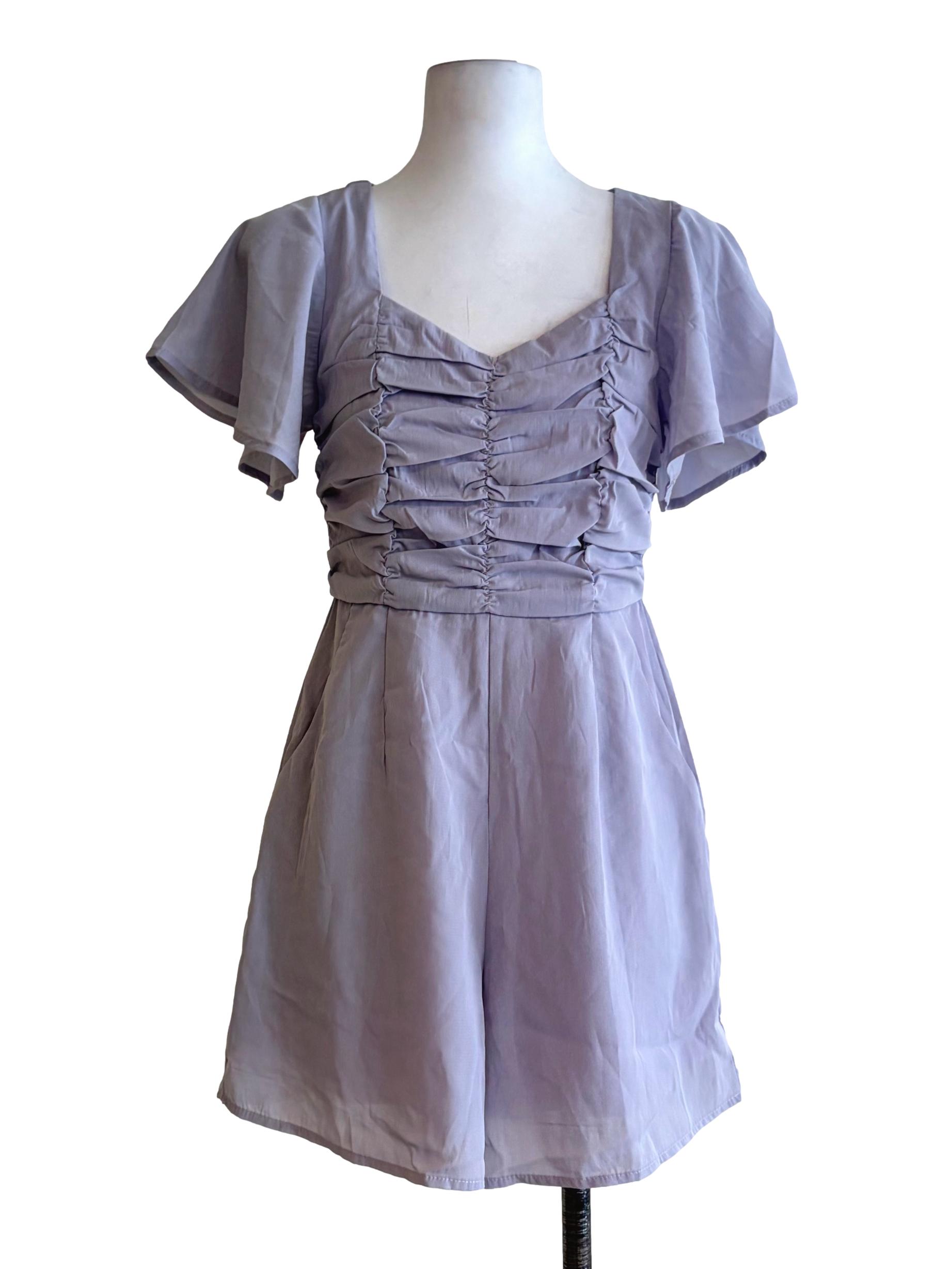 Lilac Purple Scrunched Front Flutter Sleeve Romper