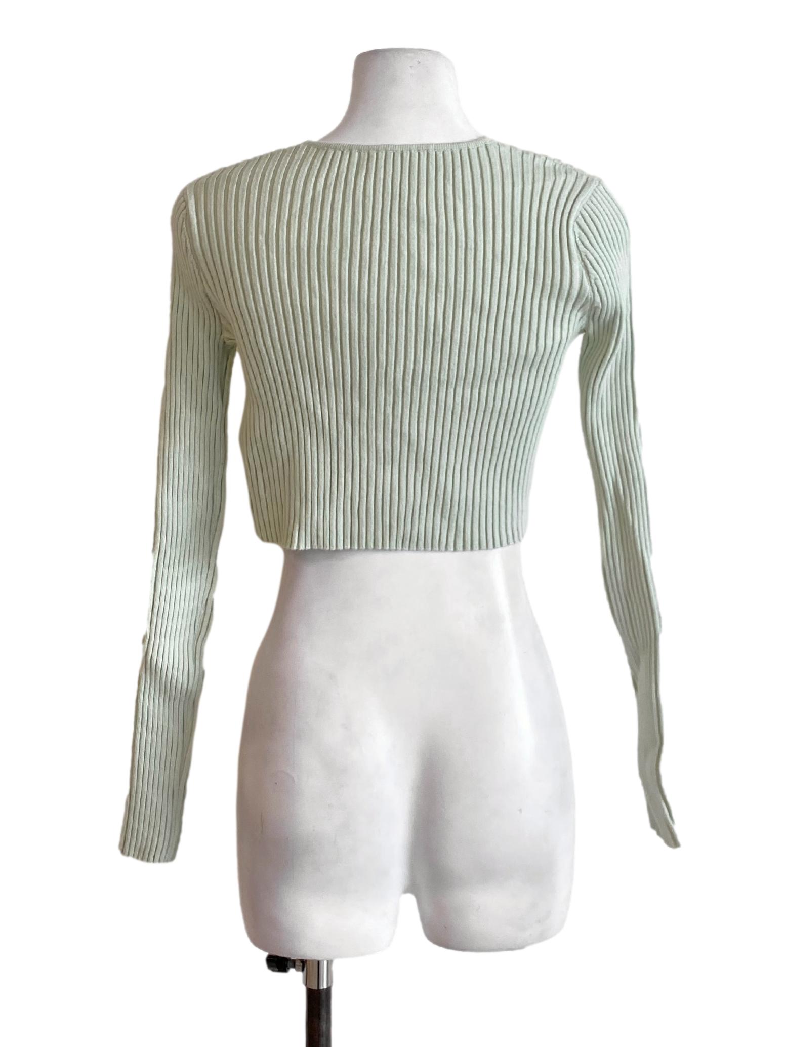 Sage Green Knitted Buttonless Long Sleeve Cropped Cardigan