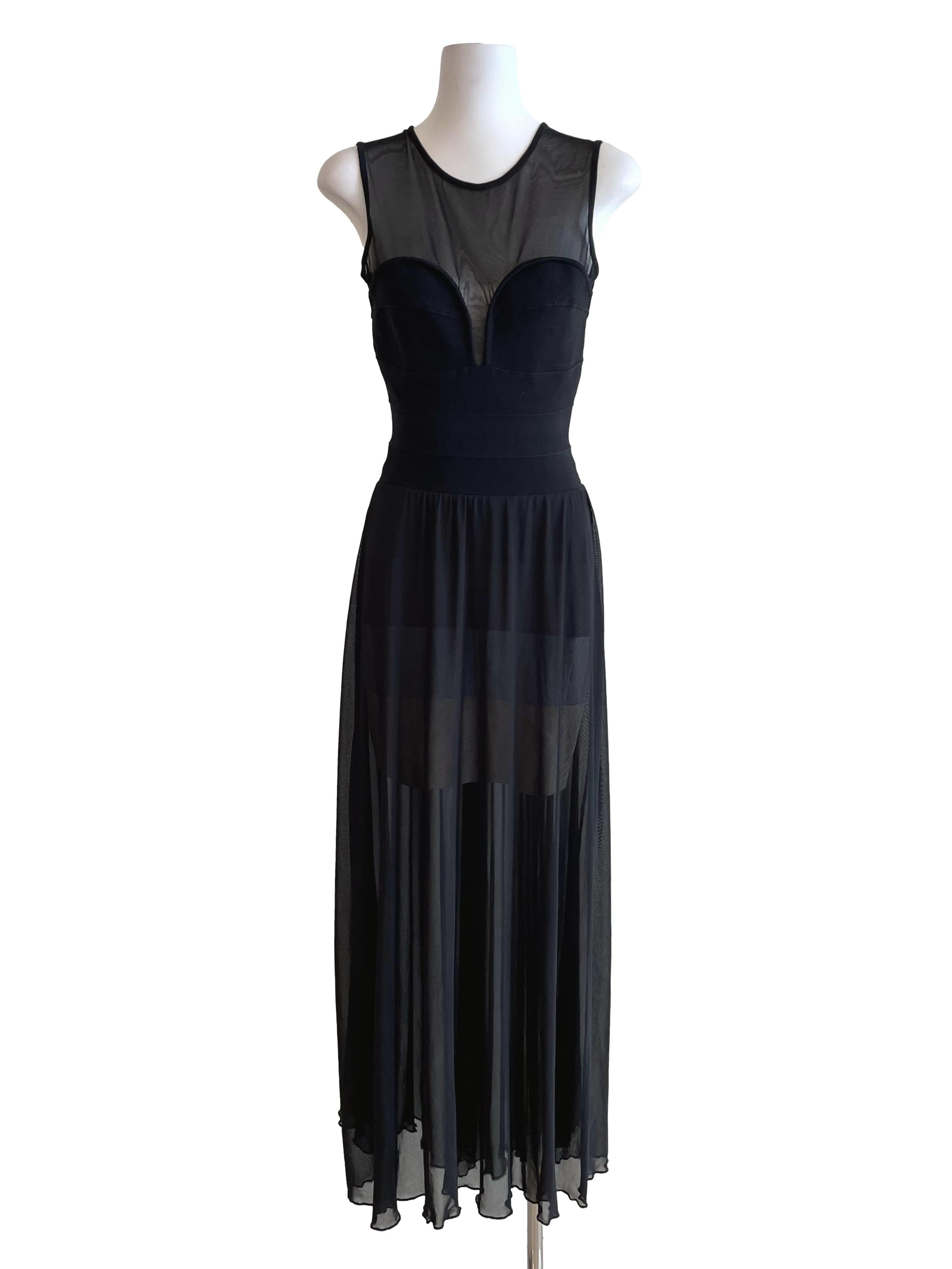 Black Sleeveless Long Mesh Dress