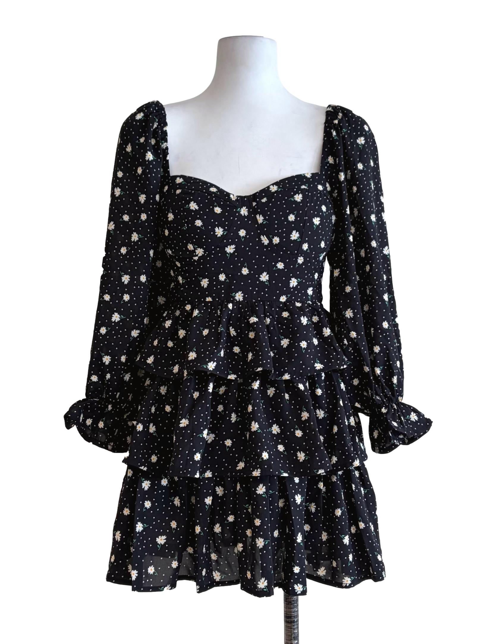Jade Black Tiny Floral Details Flutter Tiered Dress