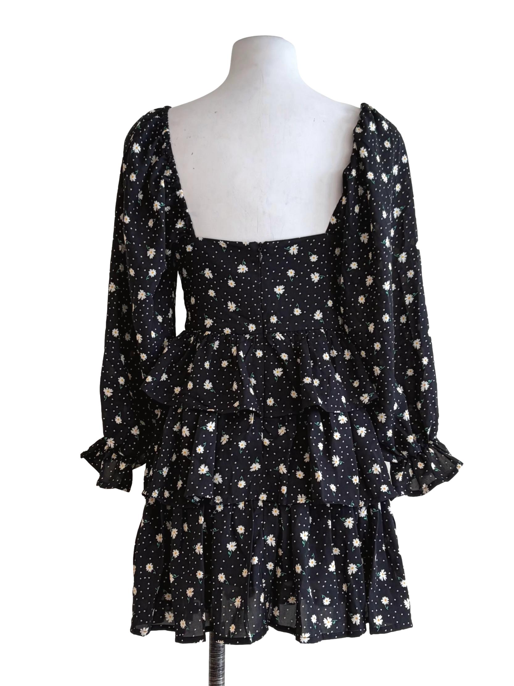 Jade Black Tiny Floral Details Flutter Tiered Dress