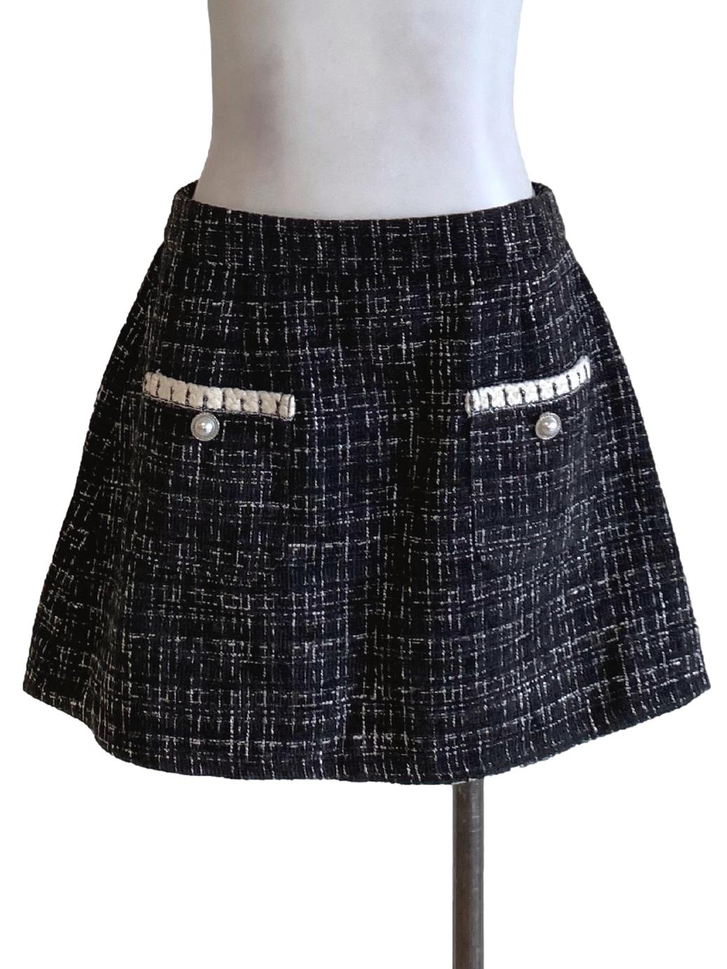 Matte Black Boucle Mini Tweed A-Line Skirt