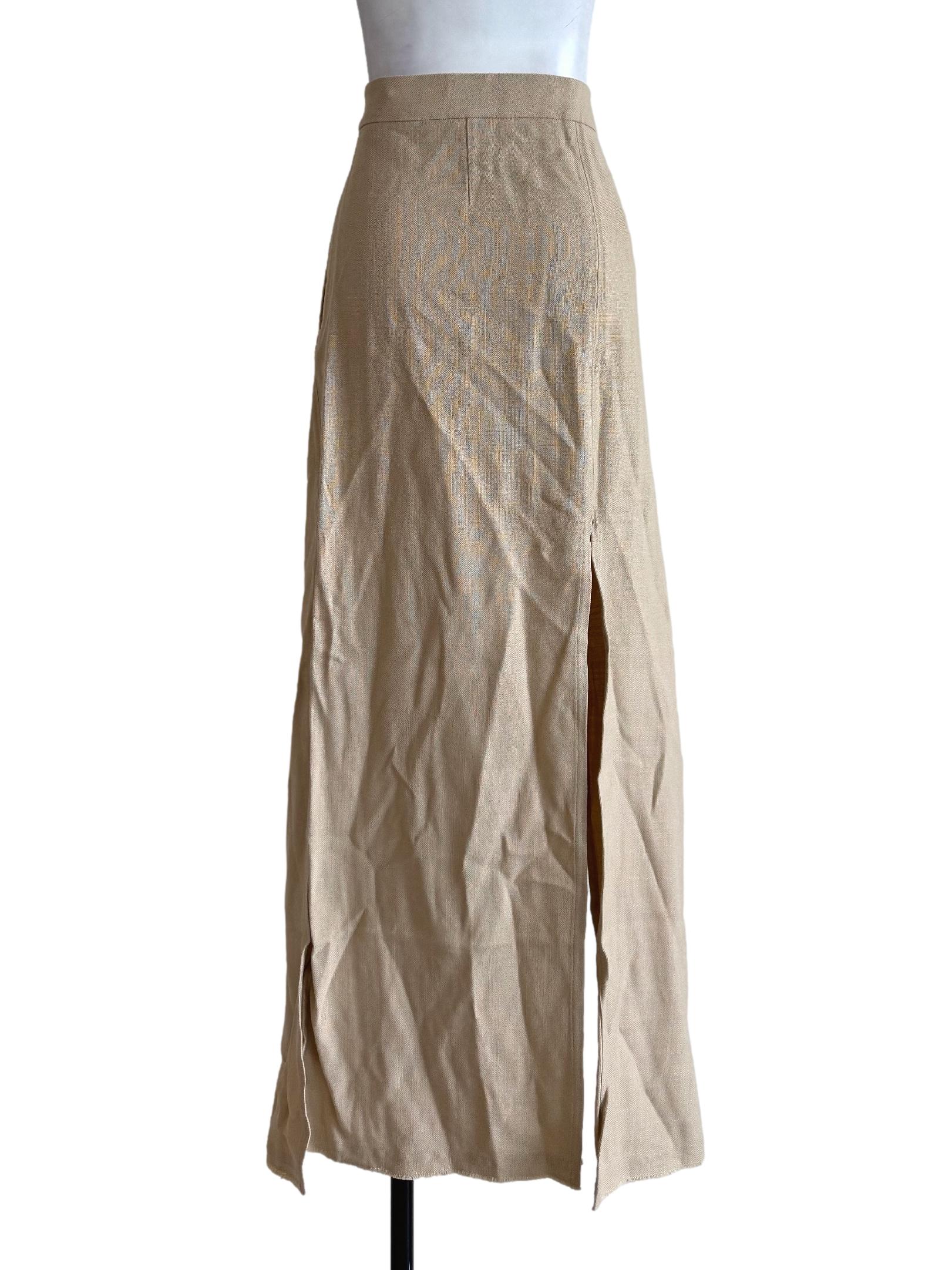 Textured Beige Side Slit Skirt