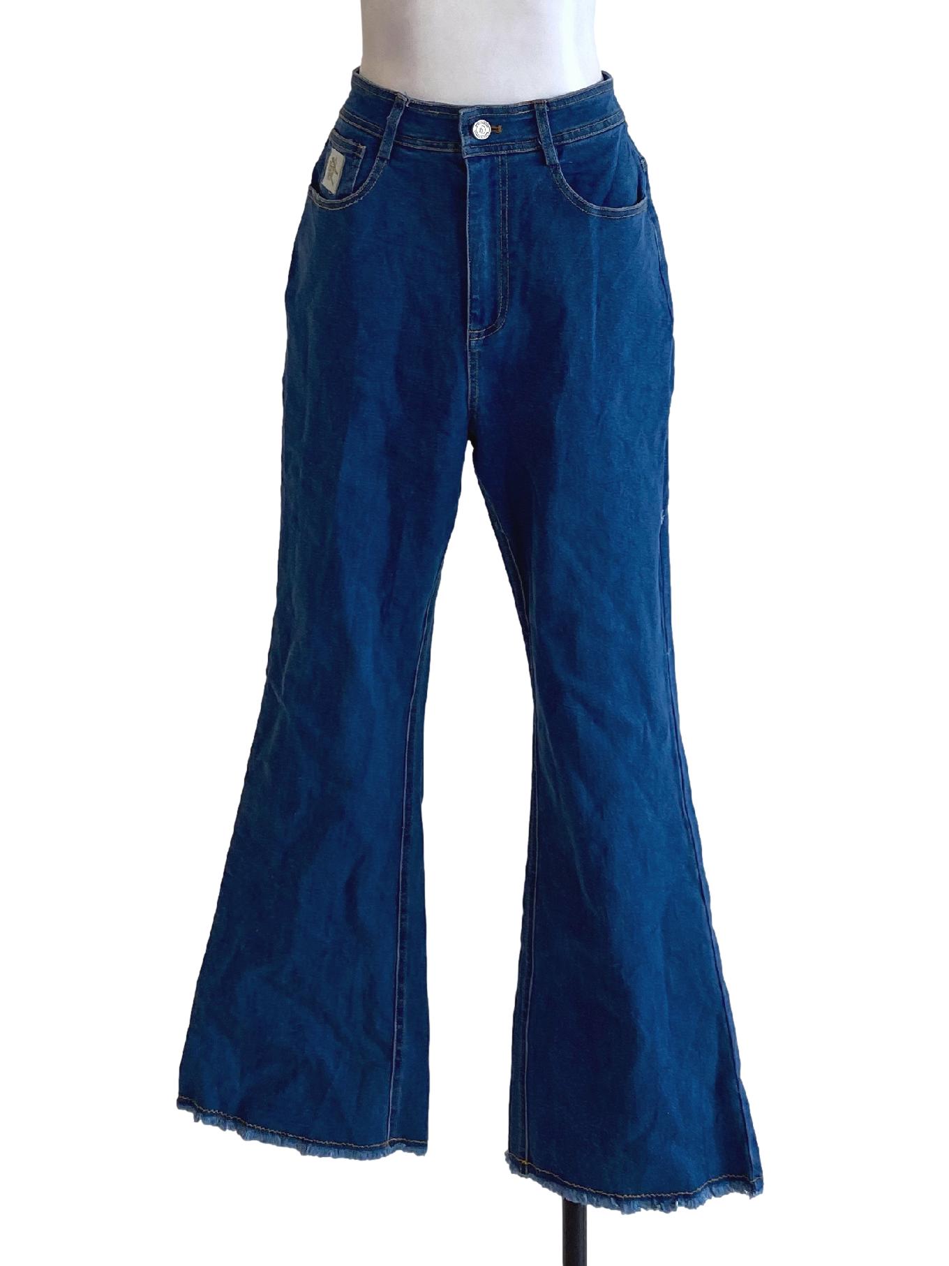 Denim Blue Buttoned Waist Sailor Slim Flared Jeans