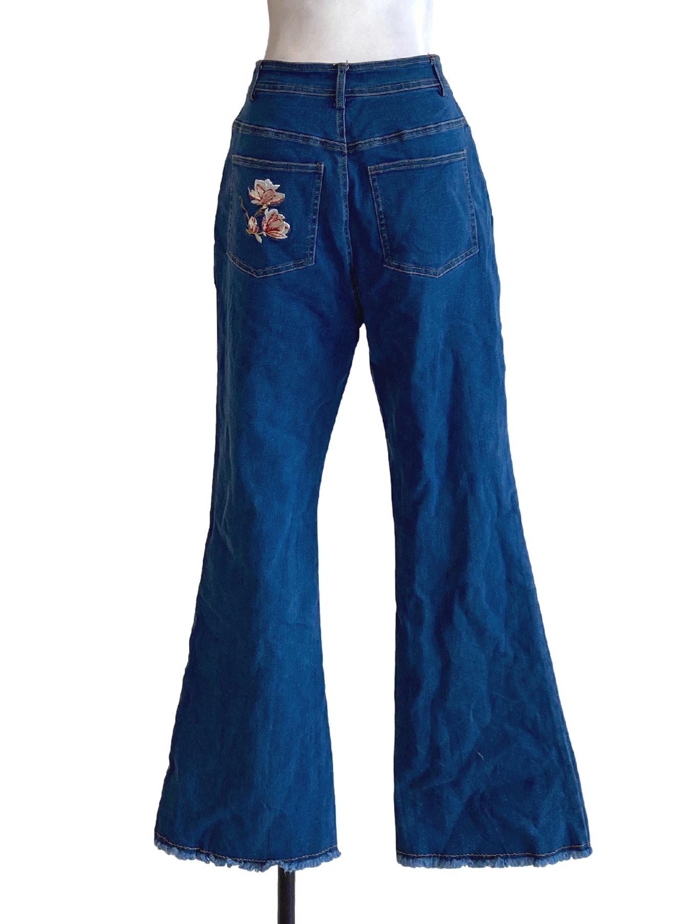 Denim Blue Buttoned Waist Sailor Slim Flared Jeans
