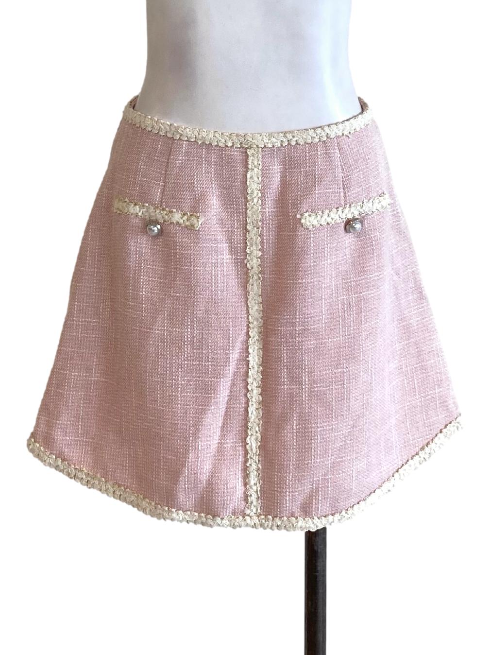 Crepe Pink Zip Up Tweed Mini A-Line Skirt