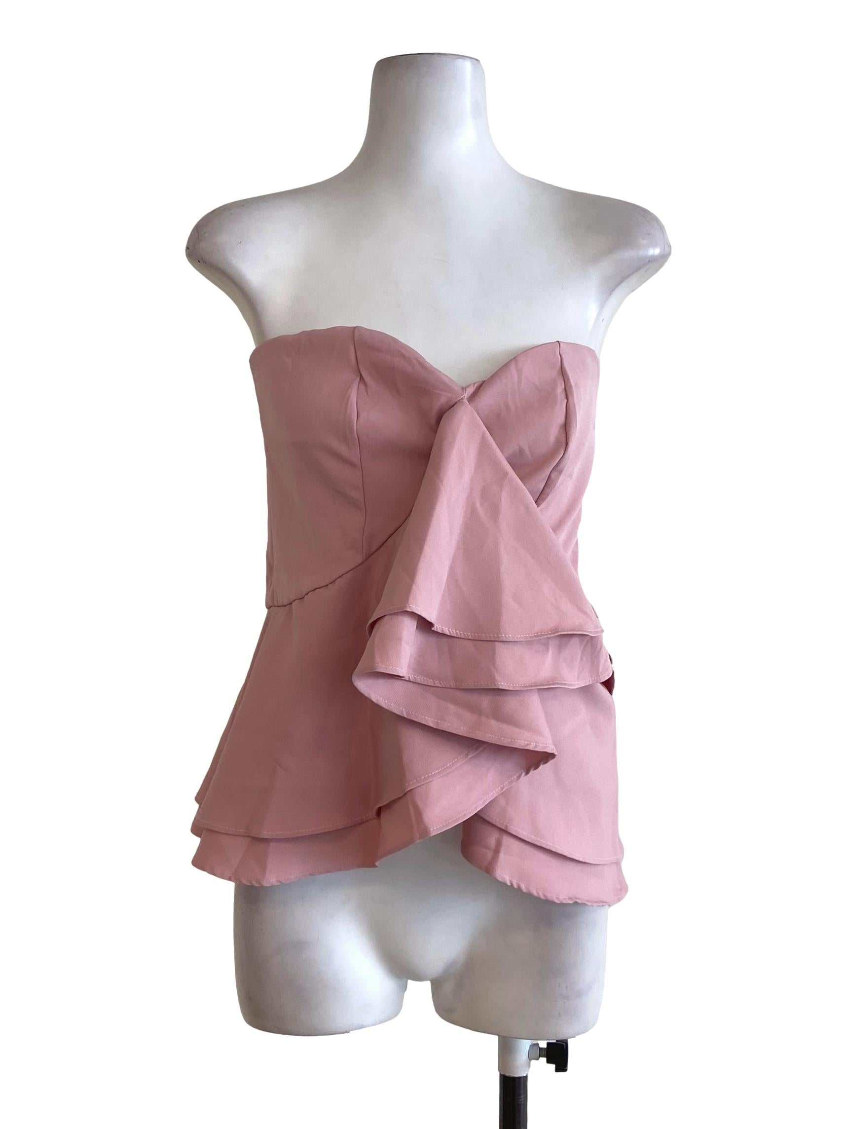 Lemonade Pink Strapless Front Ruffled Crop Top