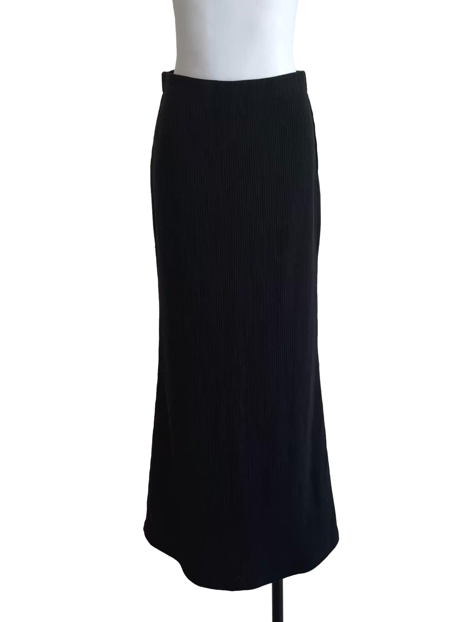Rich Black Back Slit Ribbed Pencil Skirt