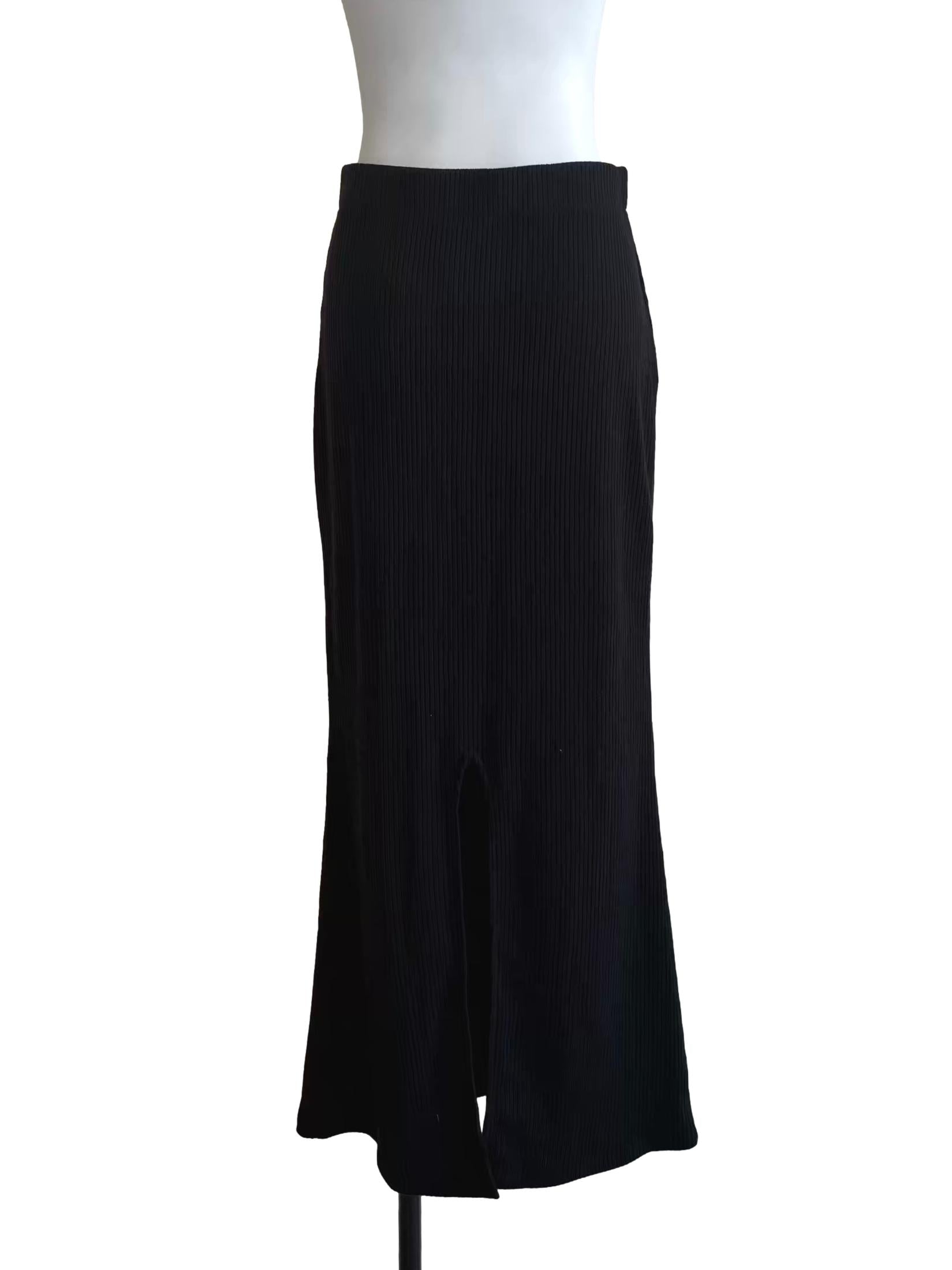 Rich Black Back Slit Ribbed Pencil Skirt