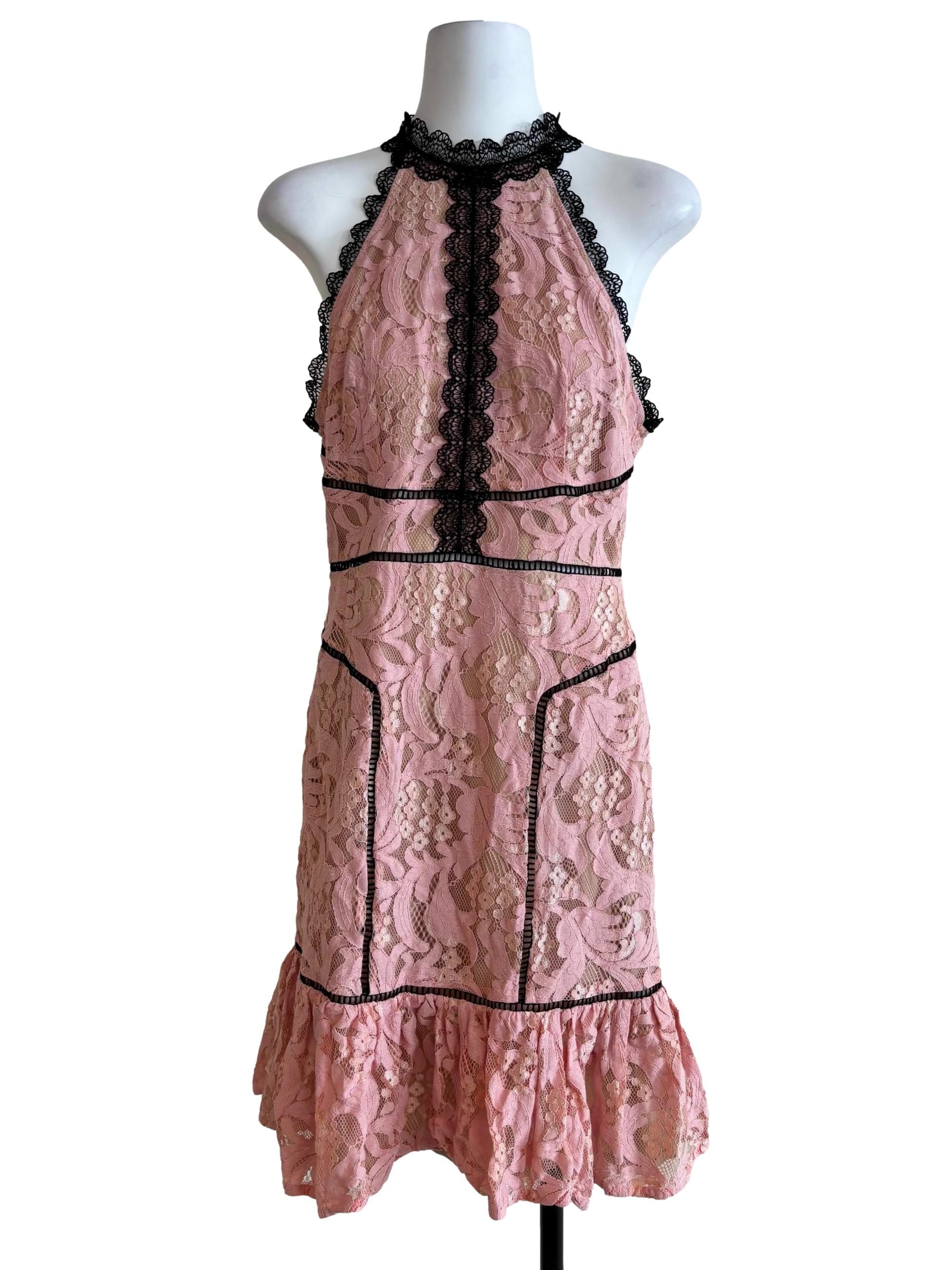 Crepe Pink Halter Lace Dress